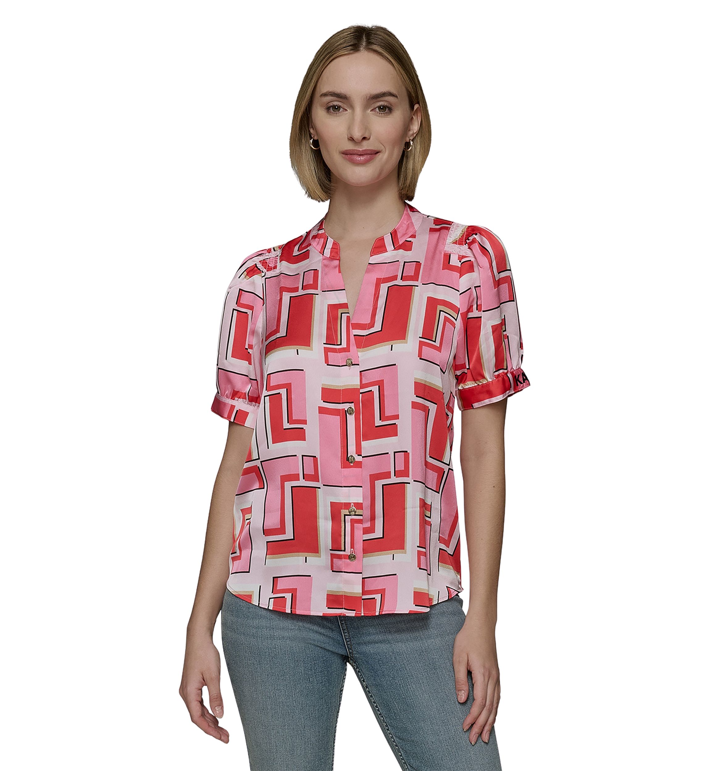 Womens Short Sleeve Geometric Printed Blouse
