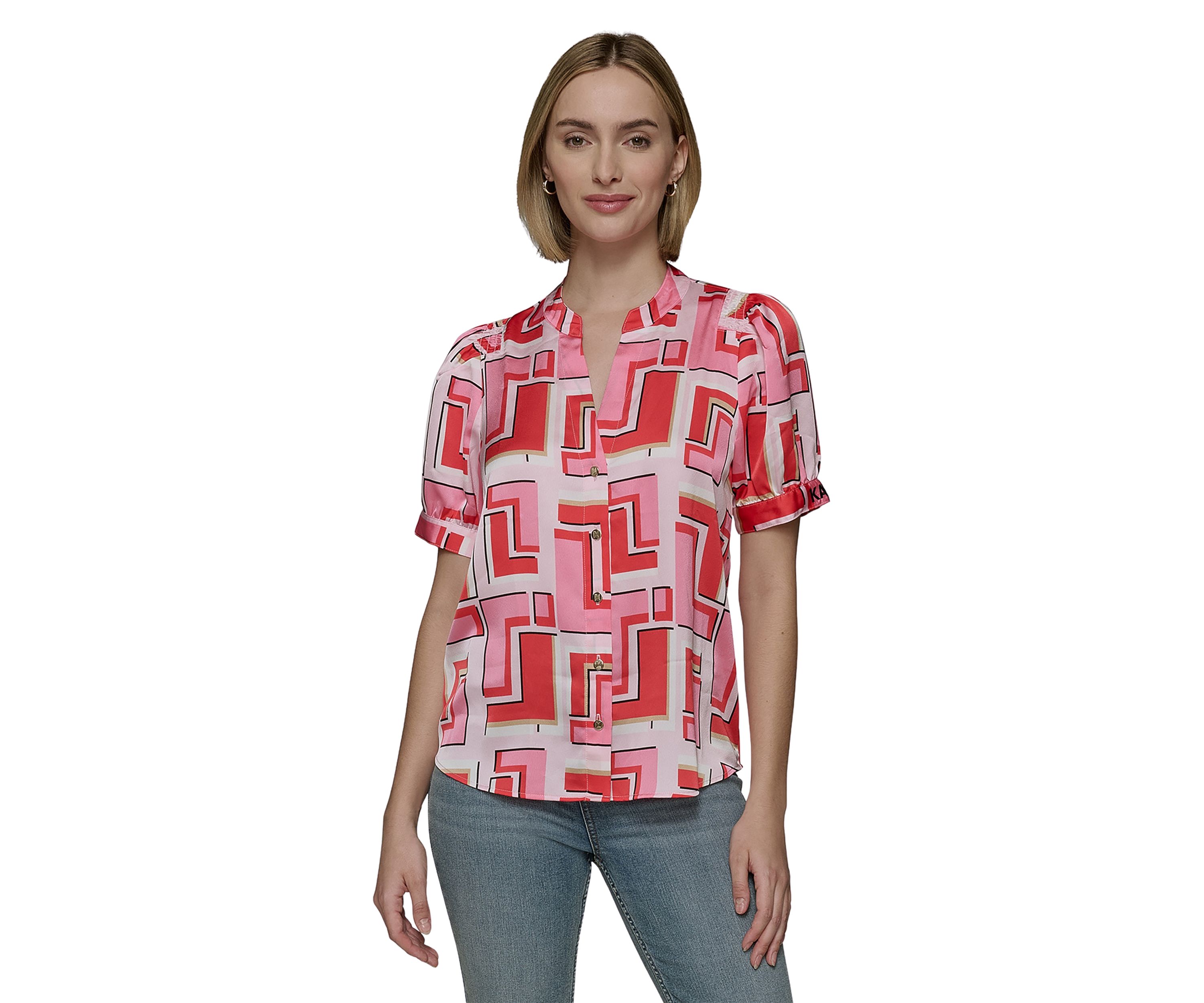 Womens Short Sleeve Geometric Printed Blouse