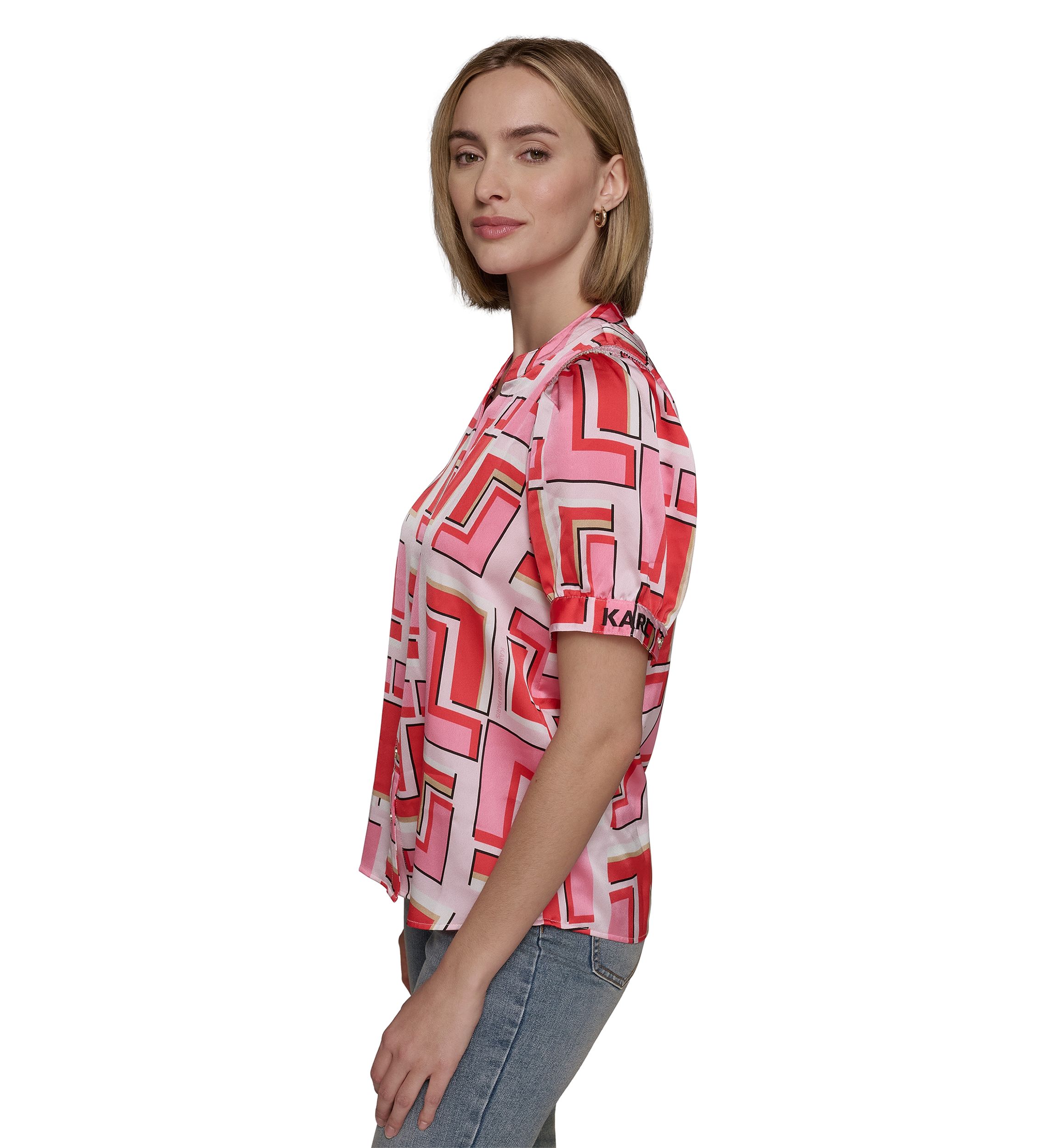 Womens Short Sleeve Geometric Printed Blouse
