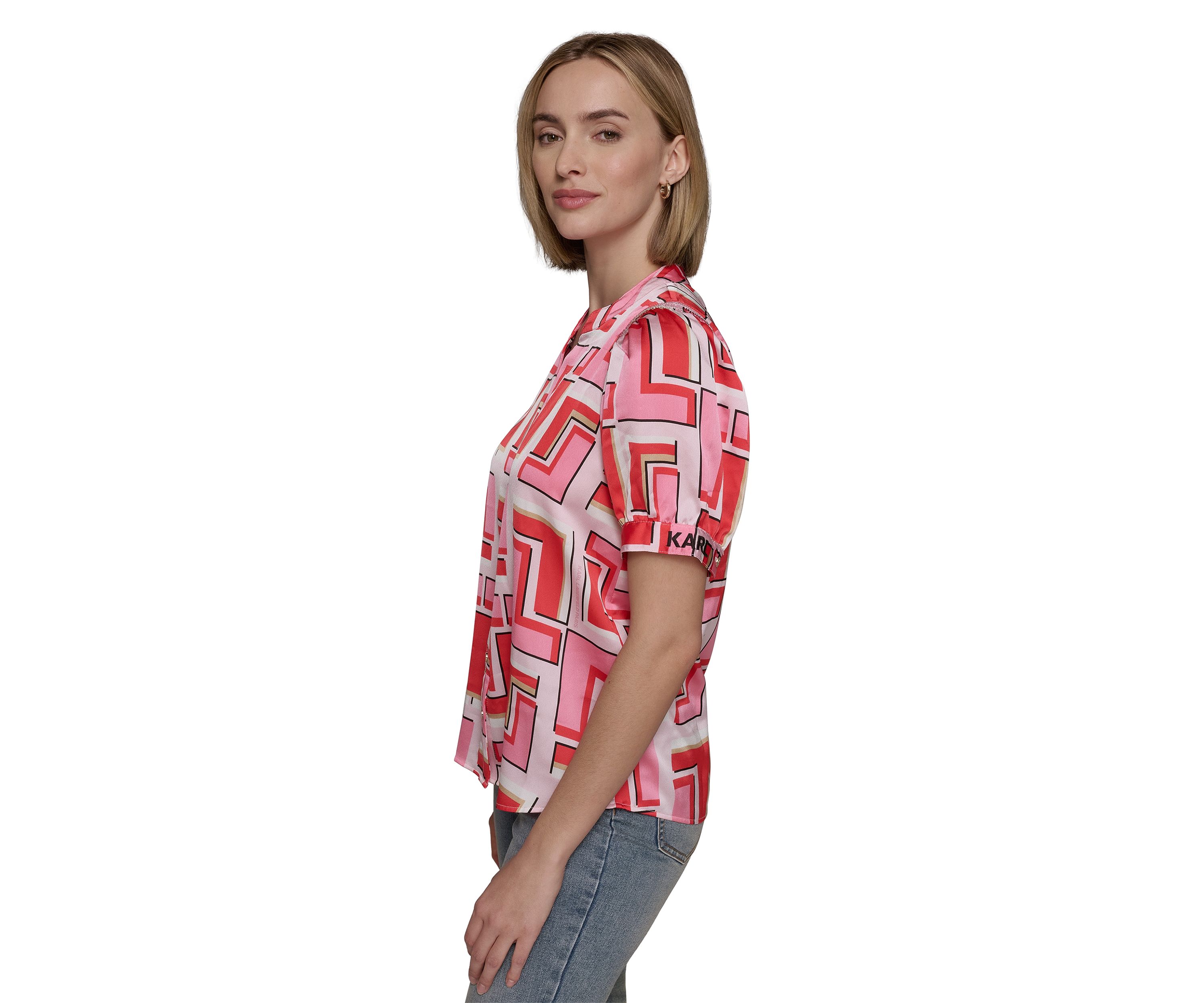 Womens Short Sleeve Geometric Printed Blouse