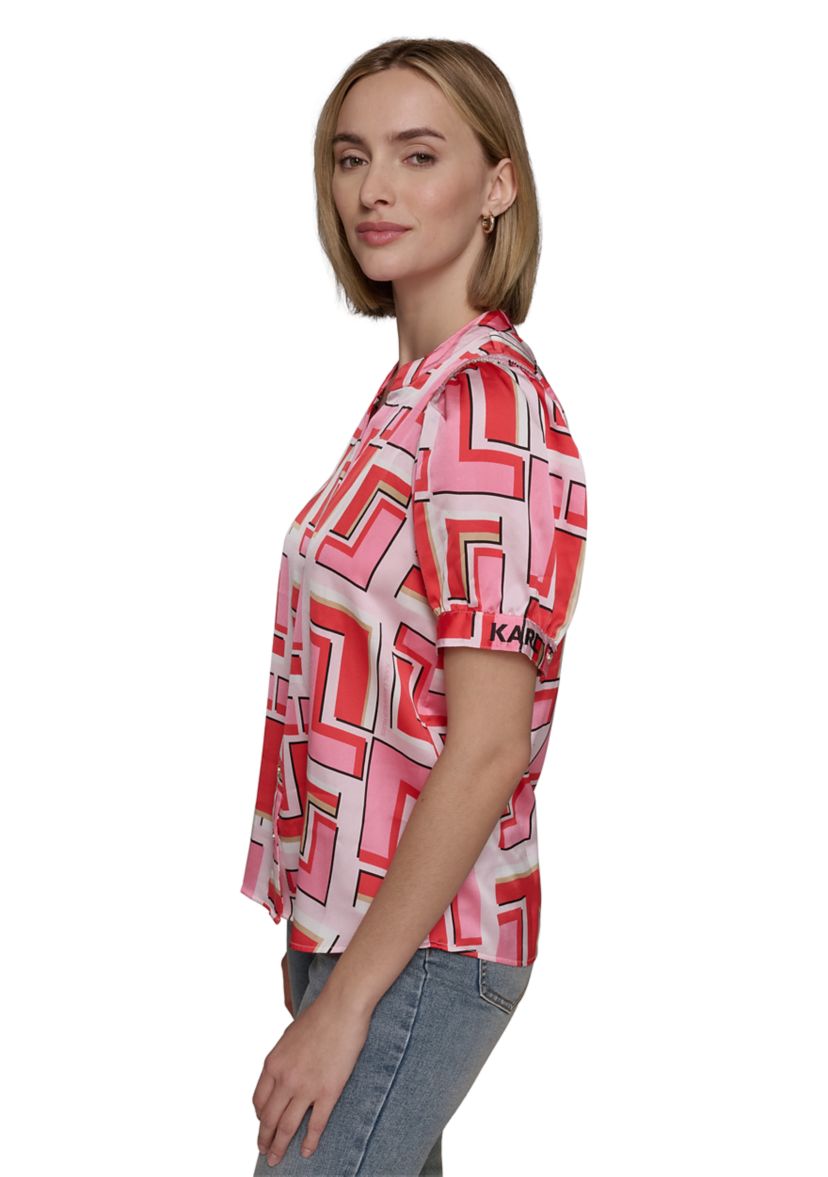 Womens Short Sleeve Geometric Printed Blouse