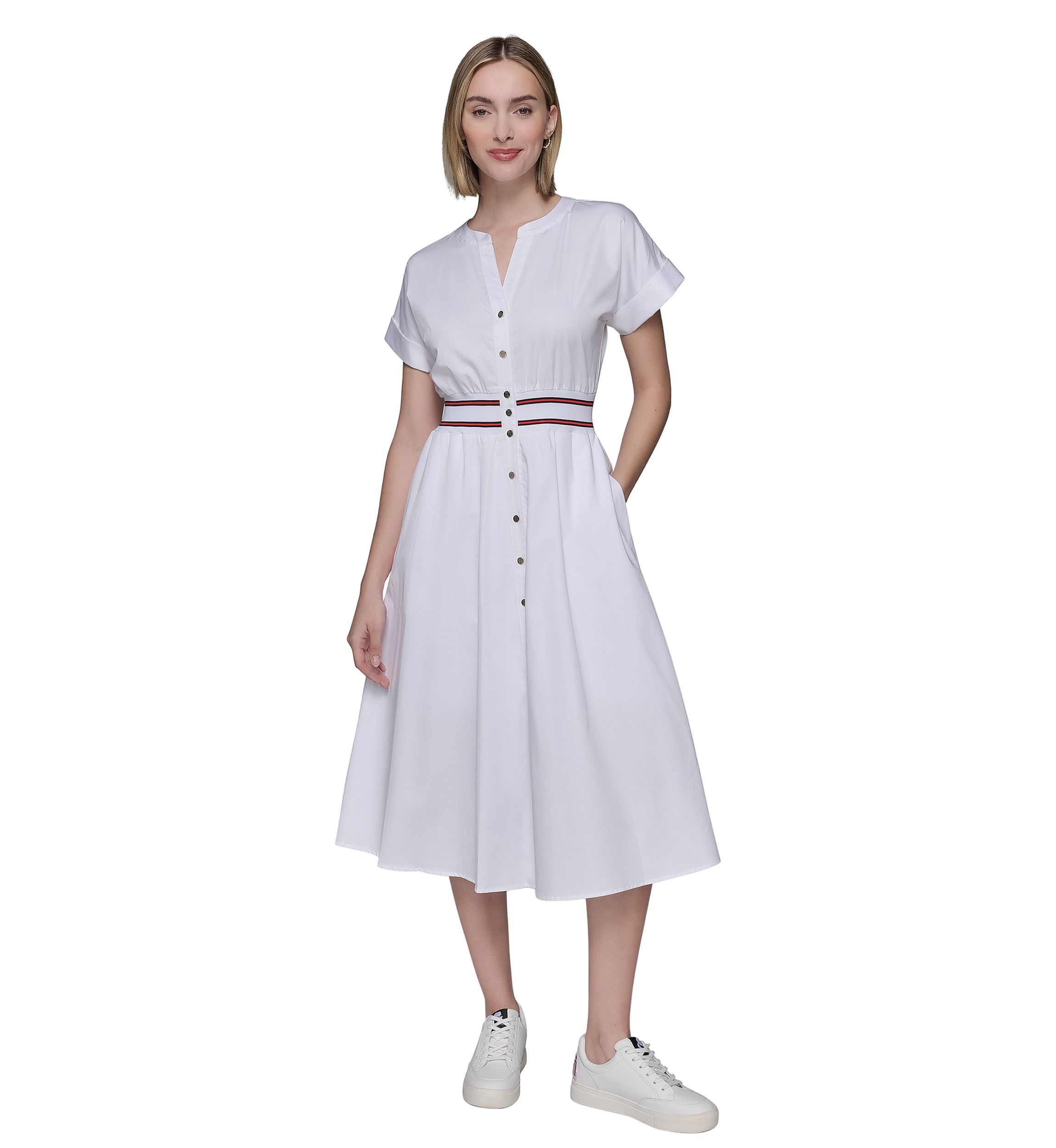 Womens Short Sleeve Tipped Waist Button Front Dress