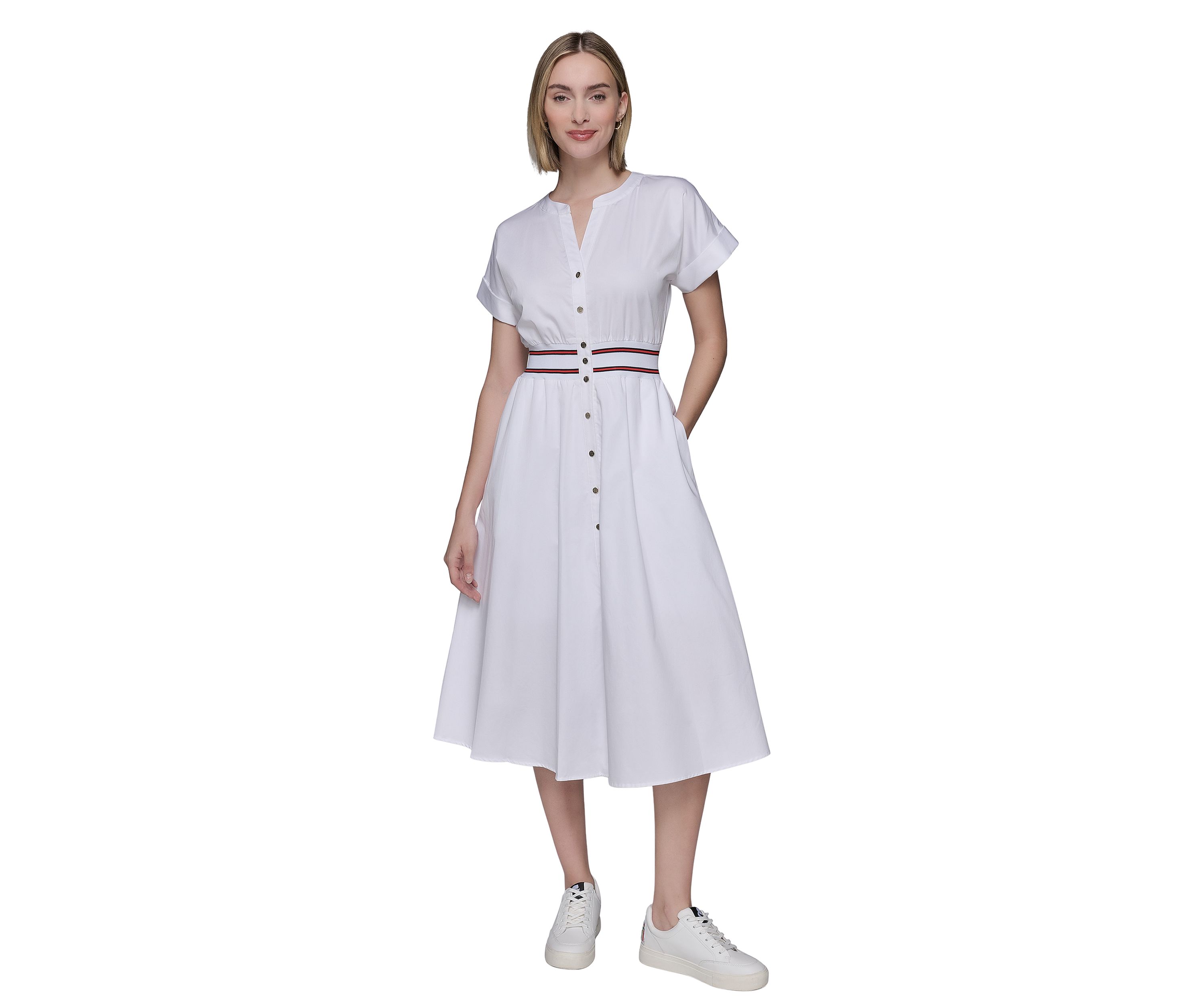 Womens Short Sleeve Tipped Waist Button Front Dress