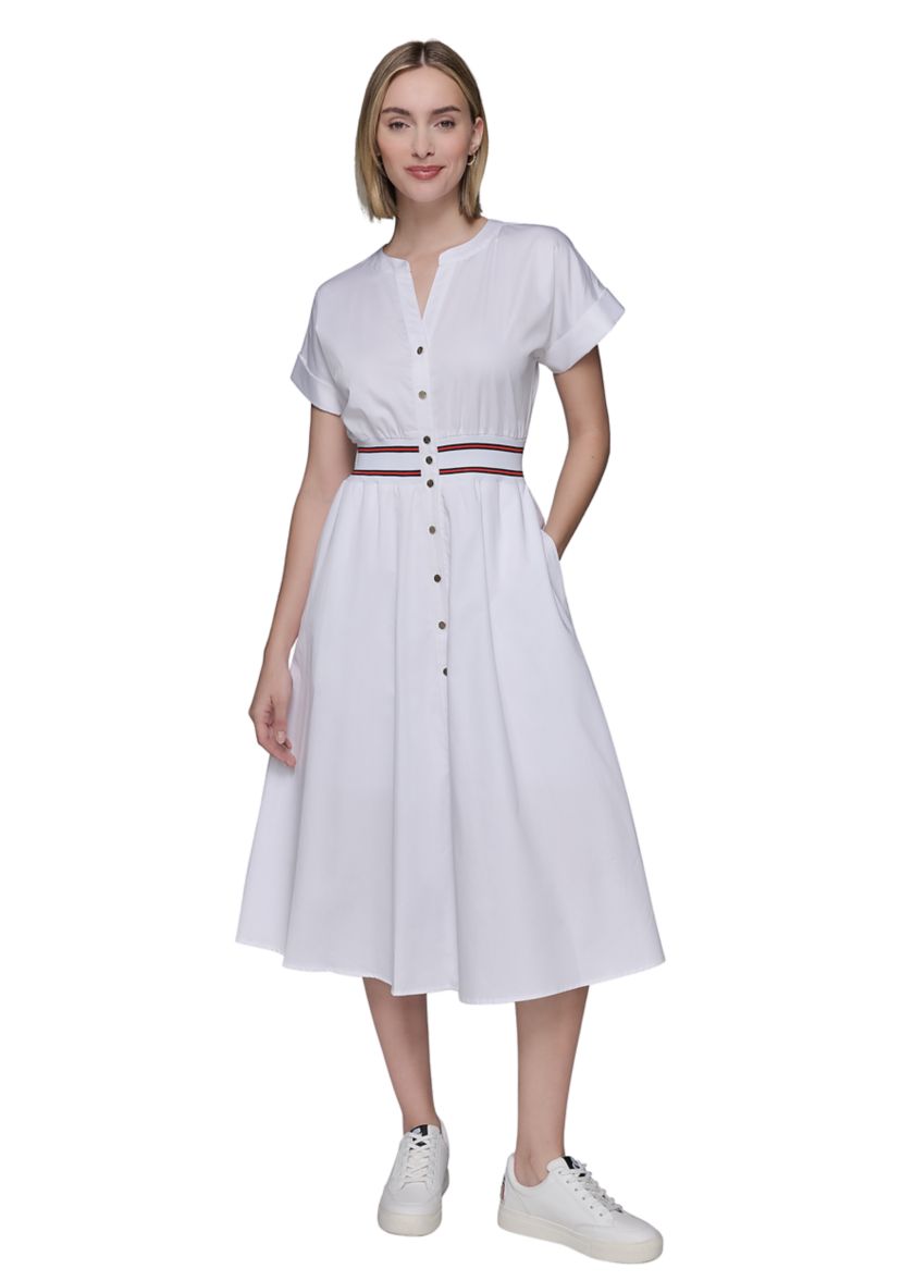 Womens Short Sleeve Tipped Waist Button Front Dress