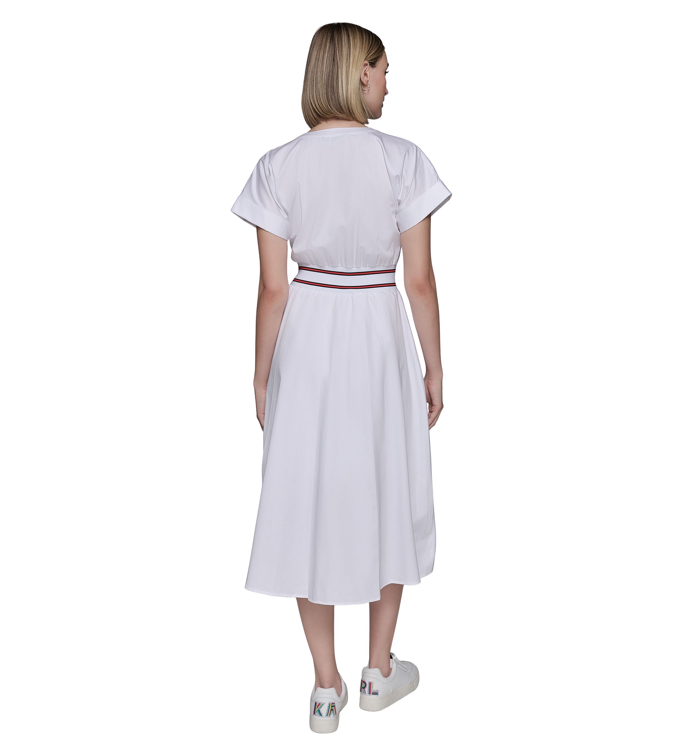 Womens Short Sleeve Tipped Waist Button Front Dress
