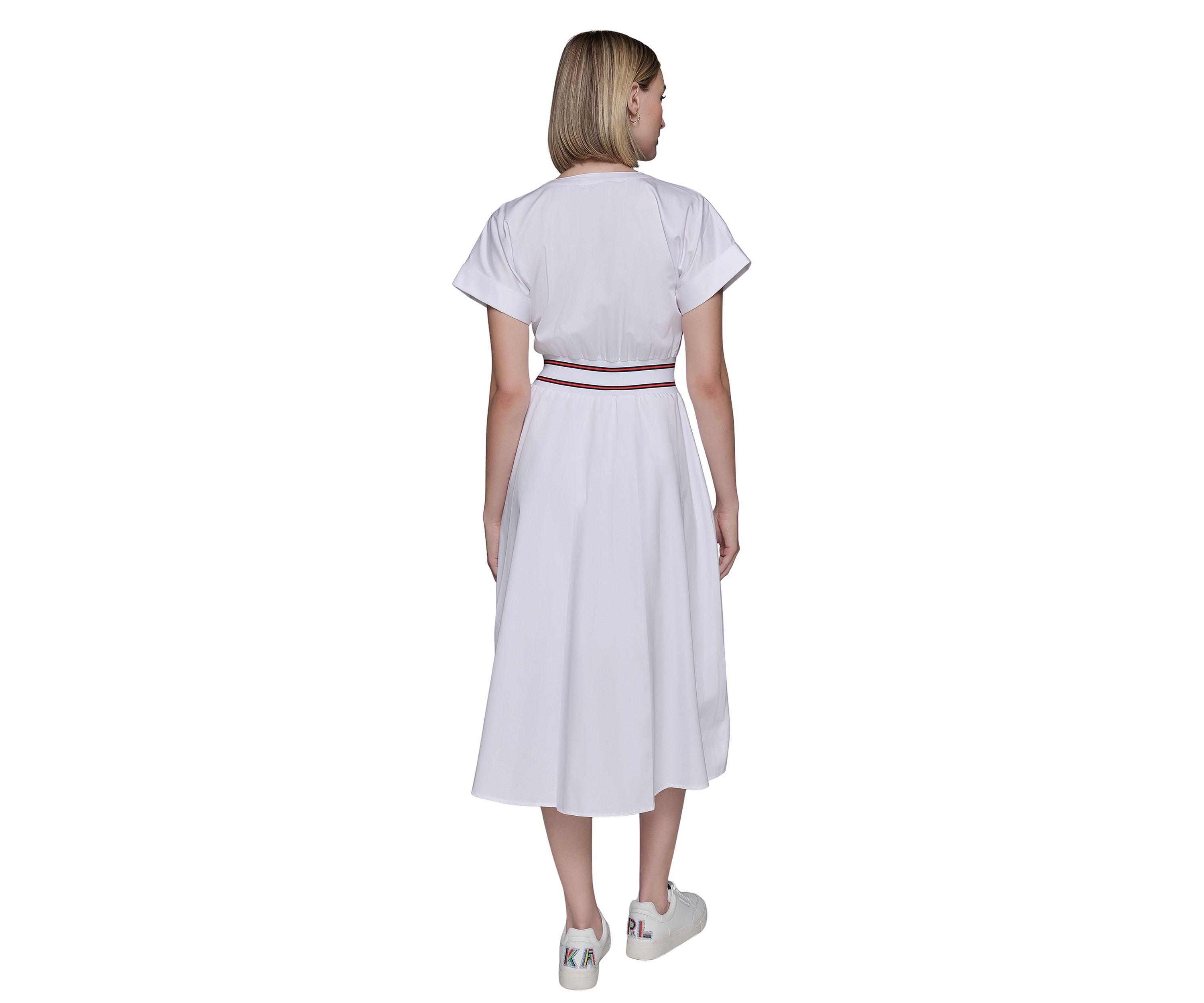 Womens Short Sleeve Tipped Waist Button Front Dress