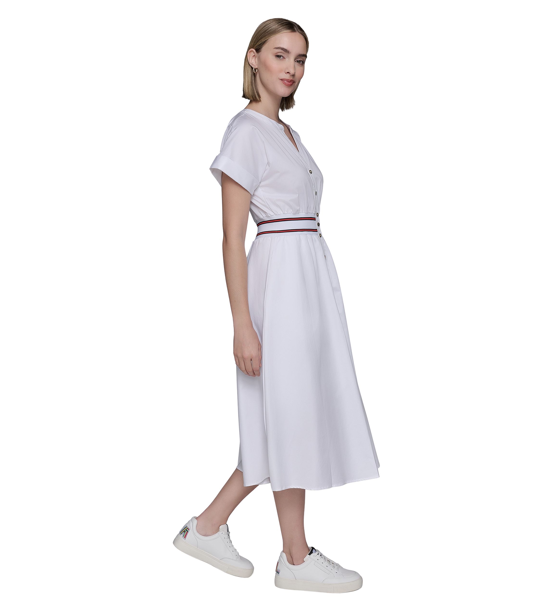 Womens Short Sleeve Tipped Waist Button Front Dress