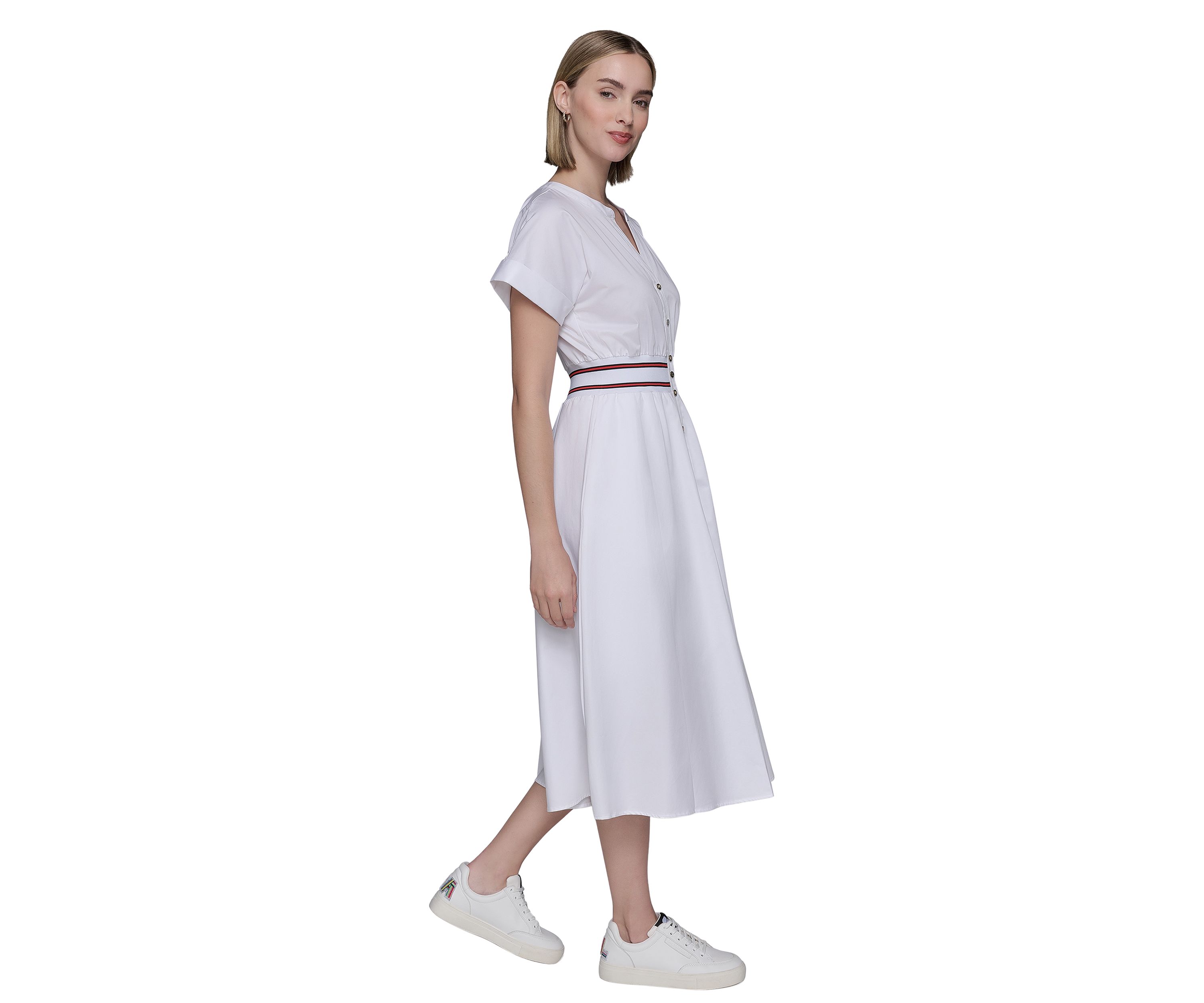 Womens Short Sleeve Tipped Waist Button Front Dress