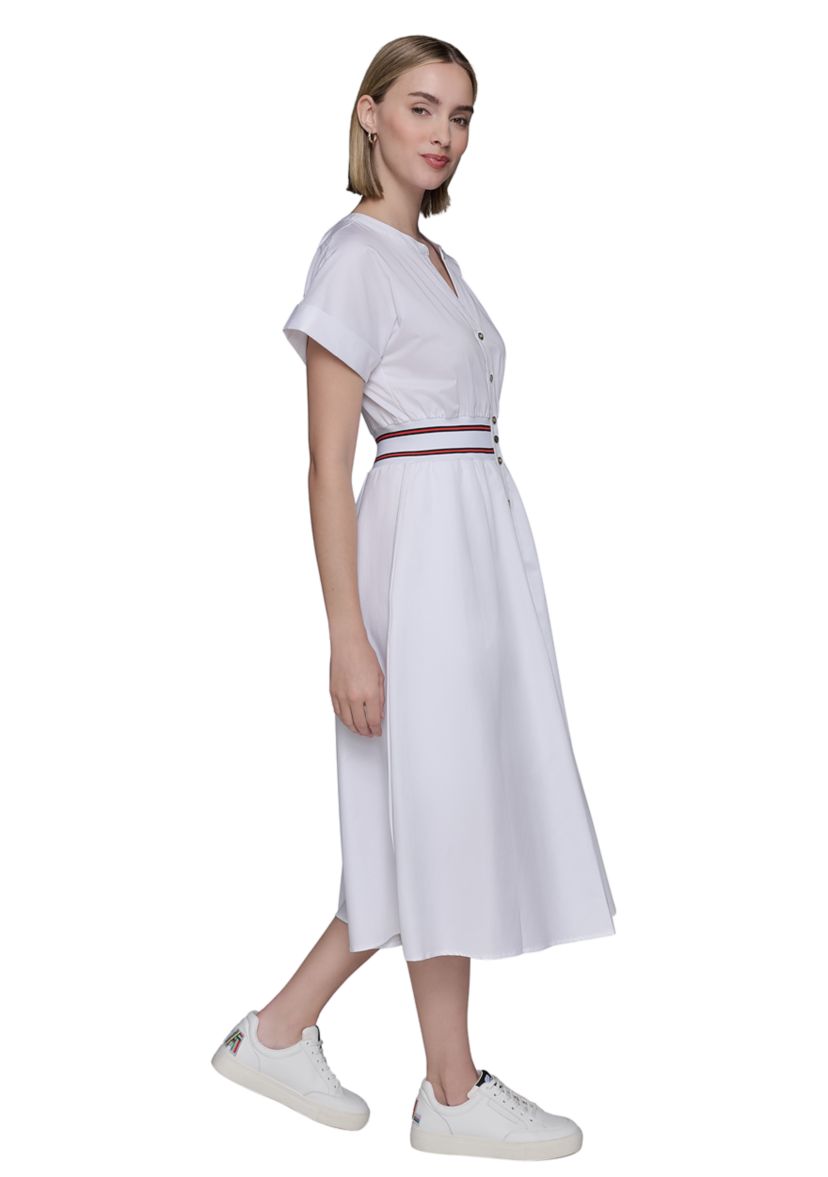 Womens Short Sleeve Tipped Waist Button Front Dress