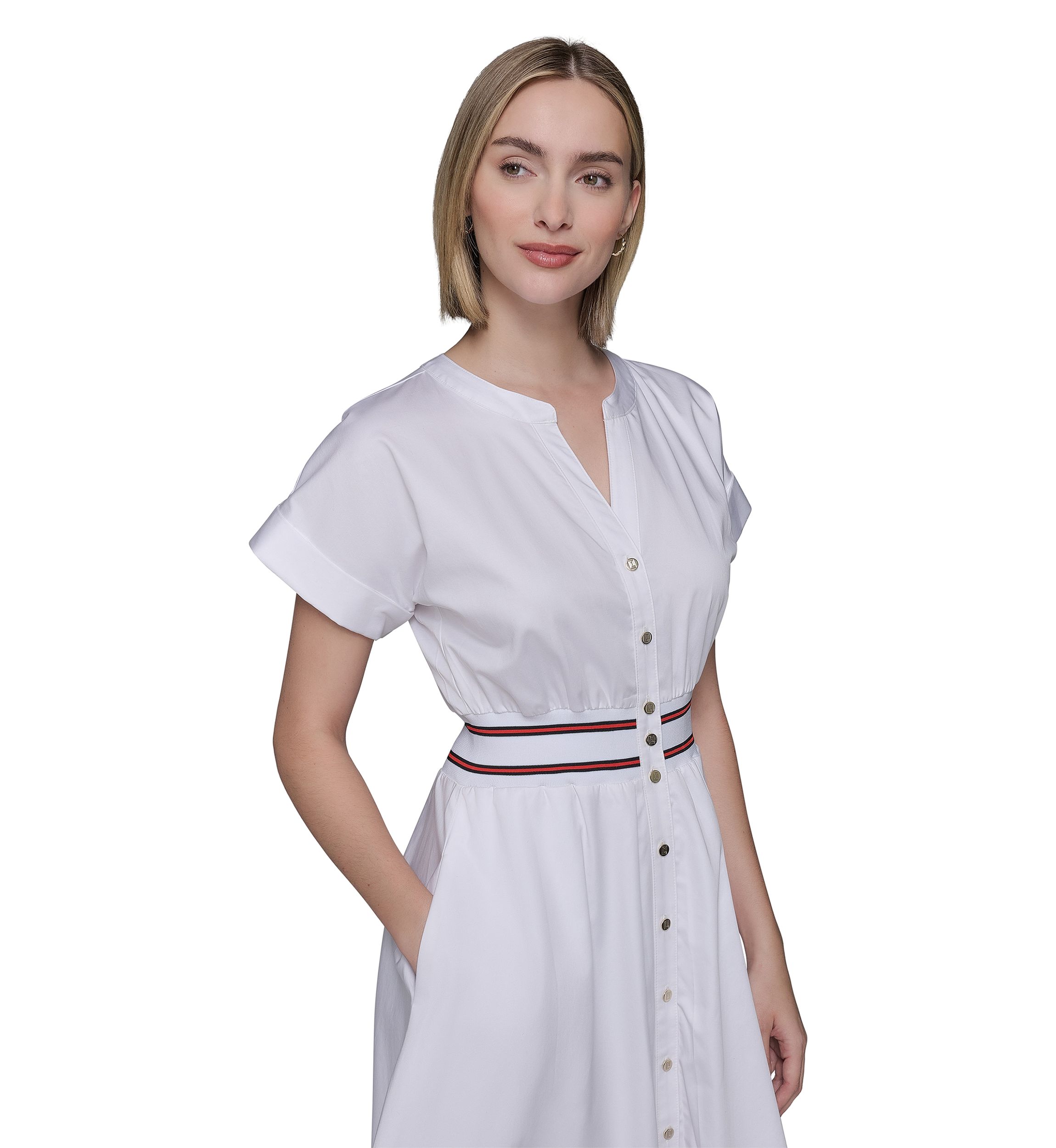 Womens Short Sleeve Tipped Waist Button Front Dress
