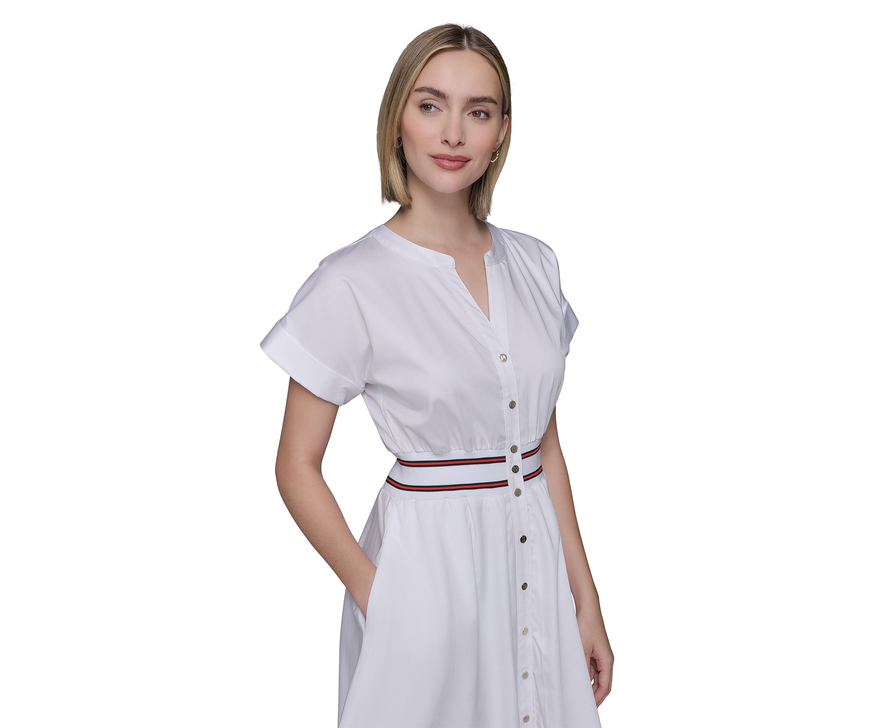 Womens Short Sleeve Tipped Waist Button Front Dress