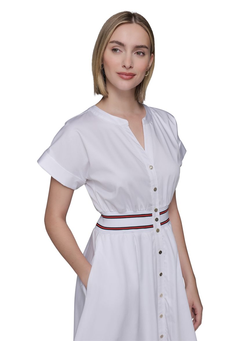 Womens Short Sleeve Tipped Waist Button Front Dress