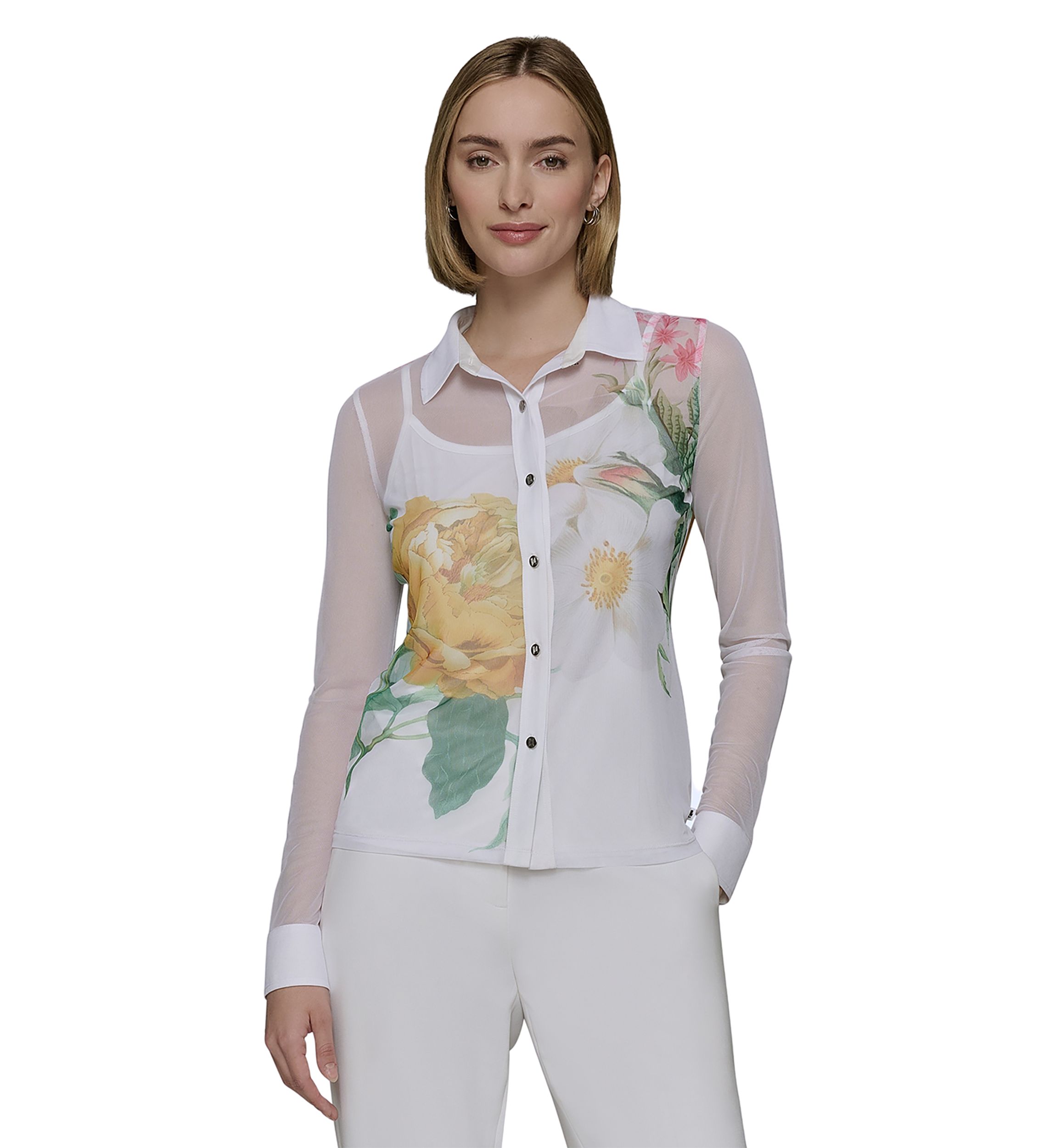 Womens Long Sleeve Placed Floral Blouse