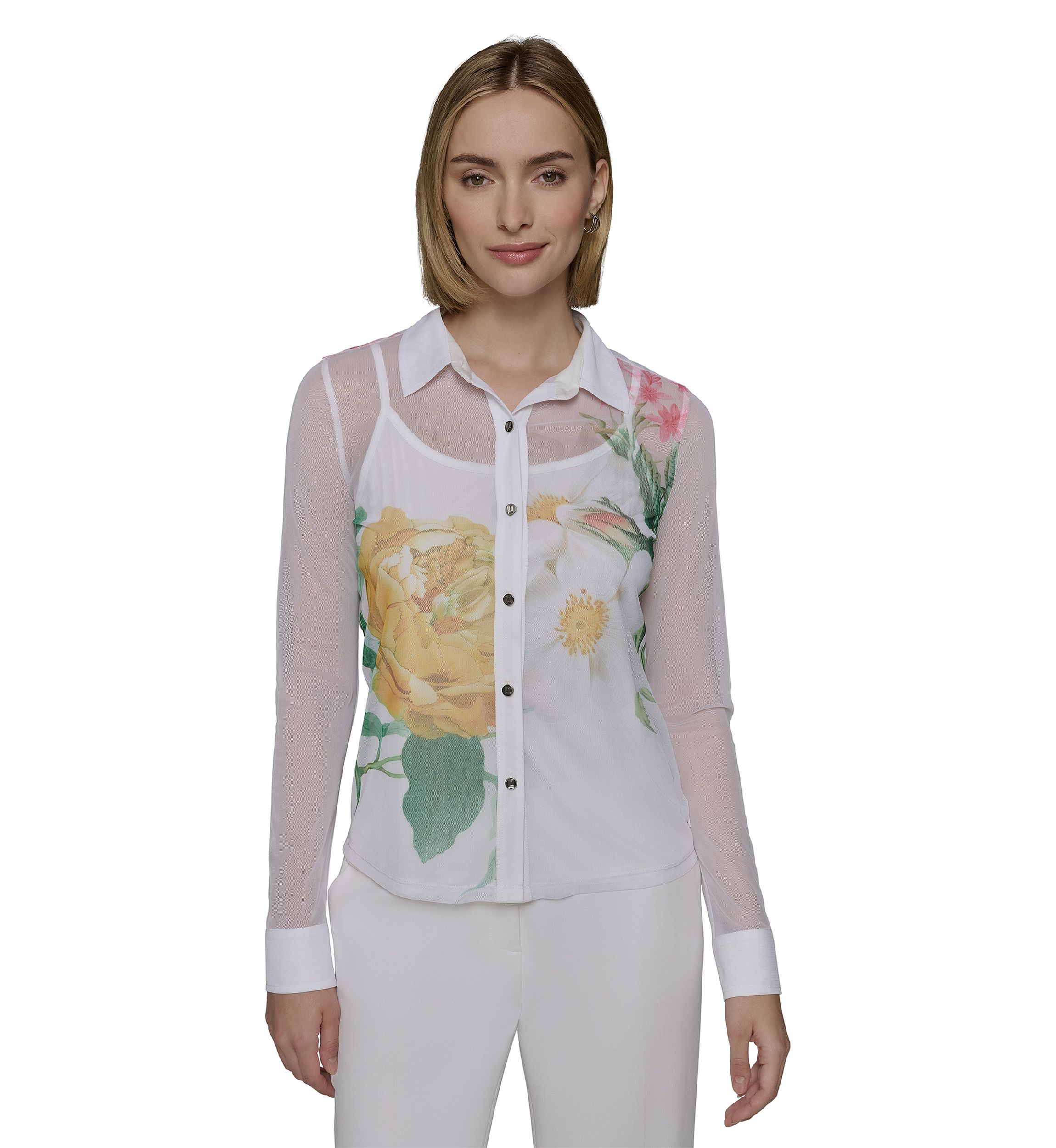 Womens Long Sleeve Placed Floral Blouse