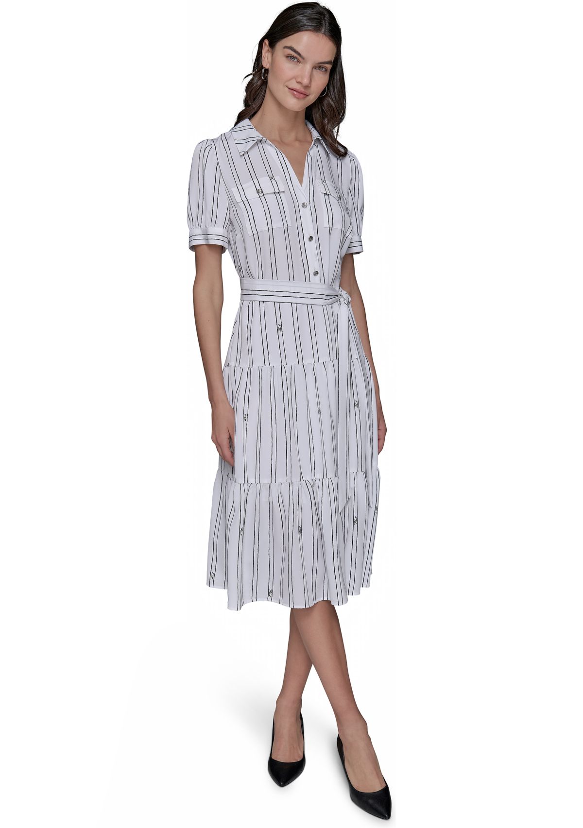 Womens Short Sleeve Stripe Tie Waist Dress