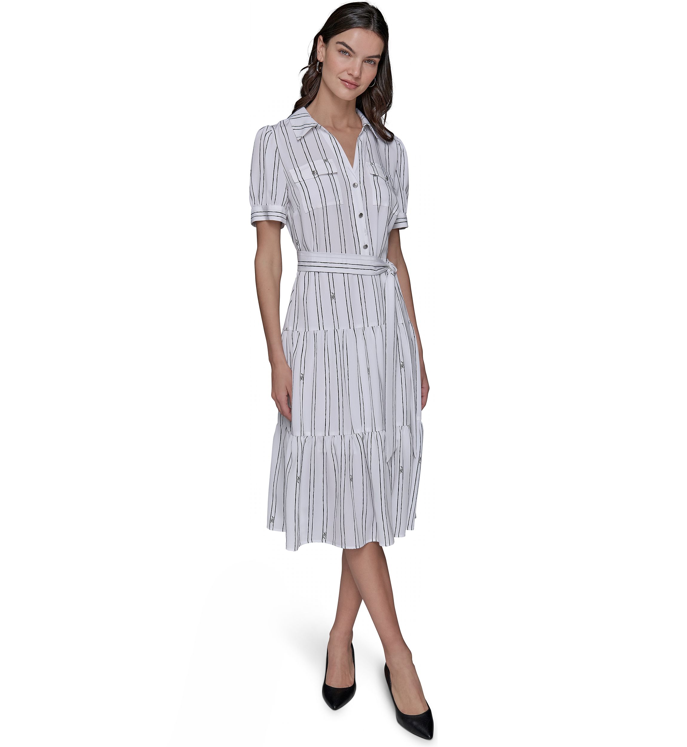 Womens Short Sleeve Stripe Tie Waist Dress