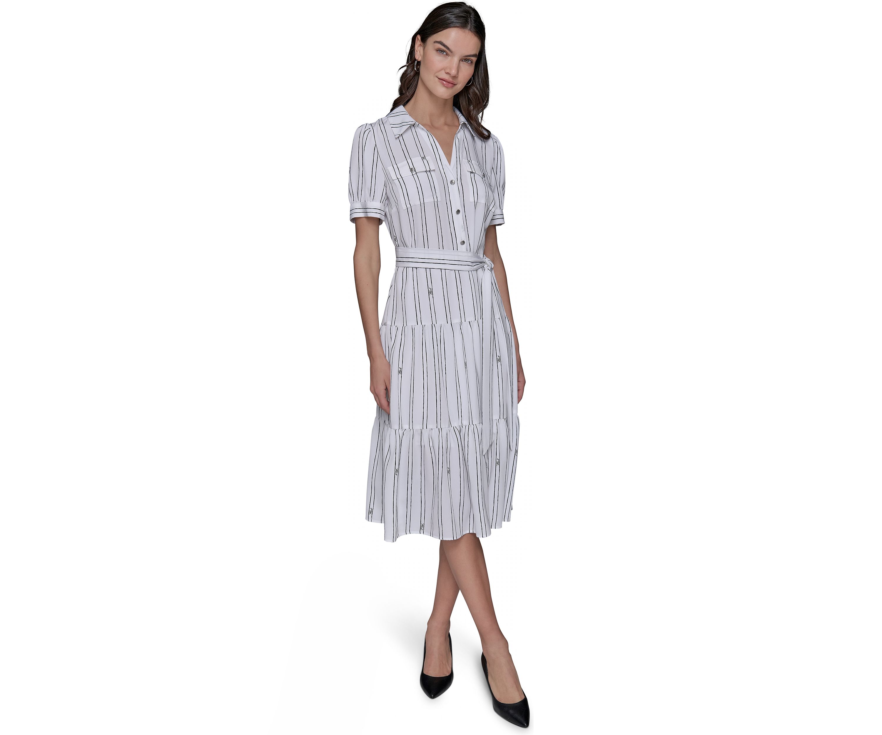 Womens Short Sleeve Stripe Tie Waist Dress