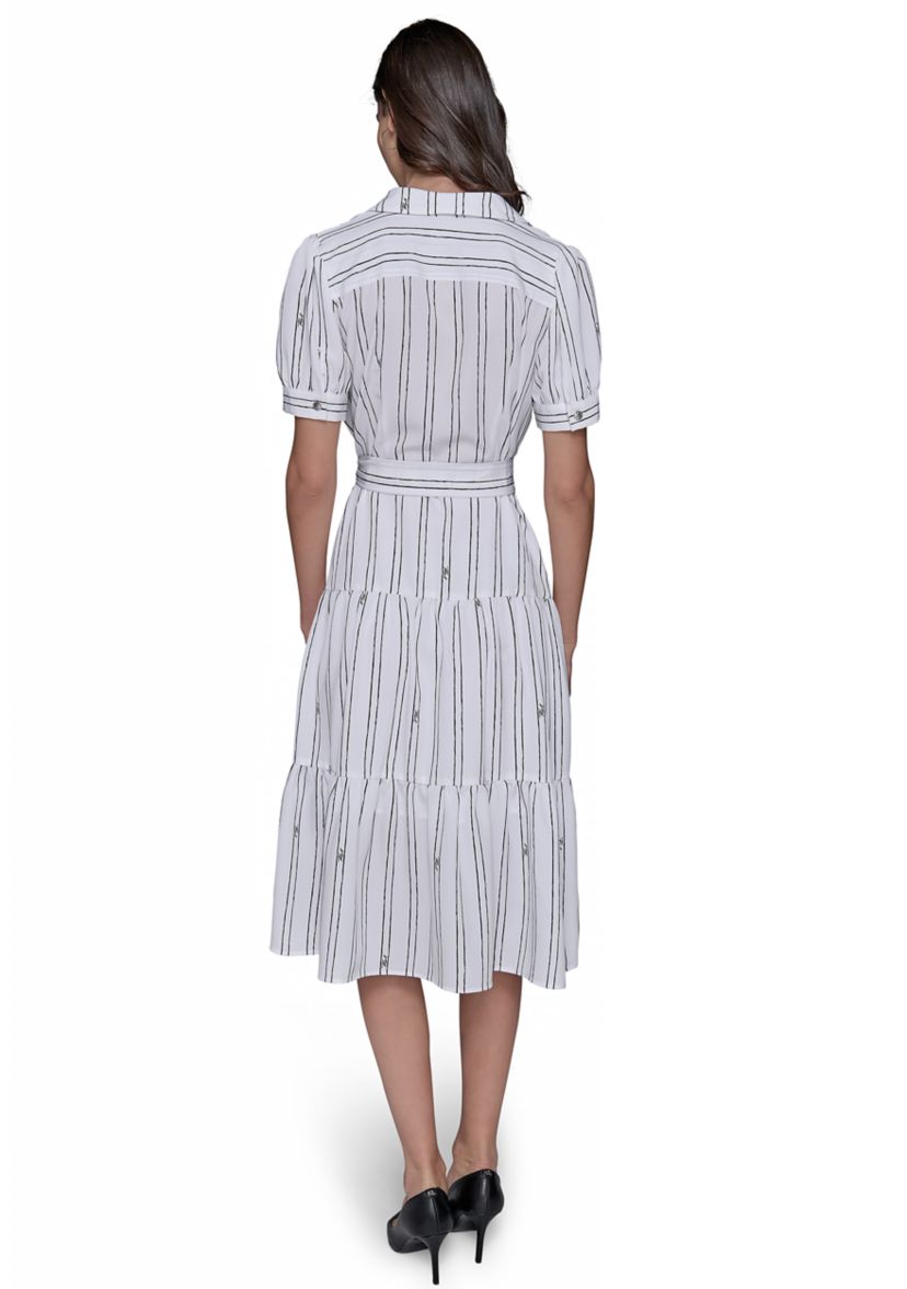 Womens Short Sleeve Stripe Tie Waist Dress