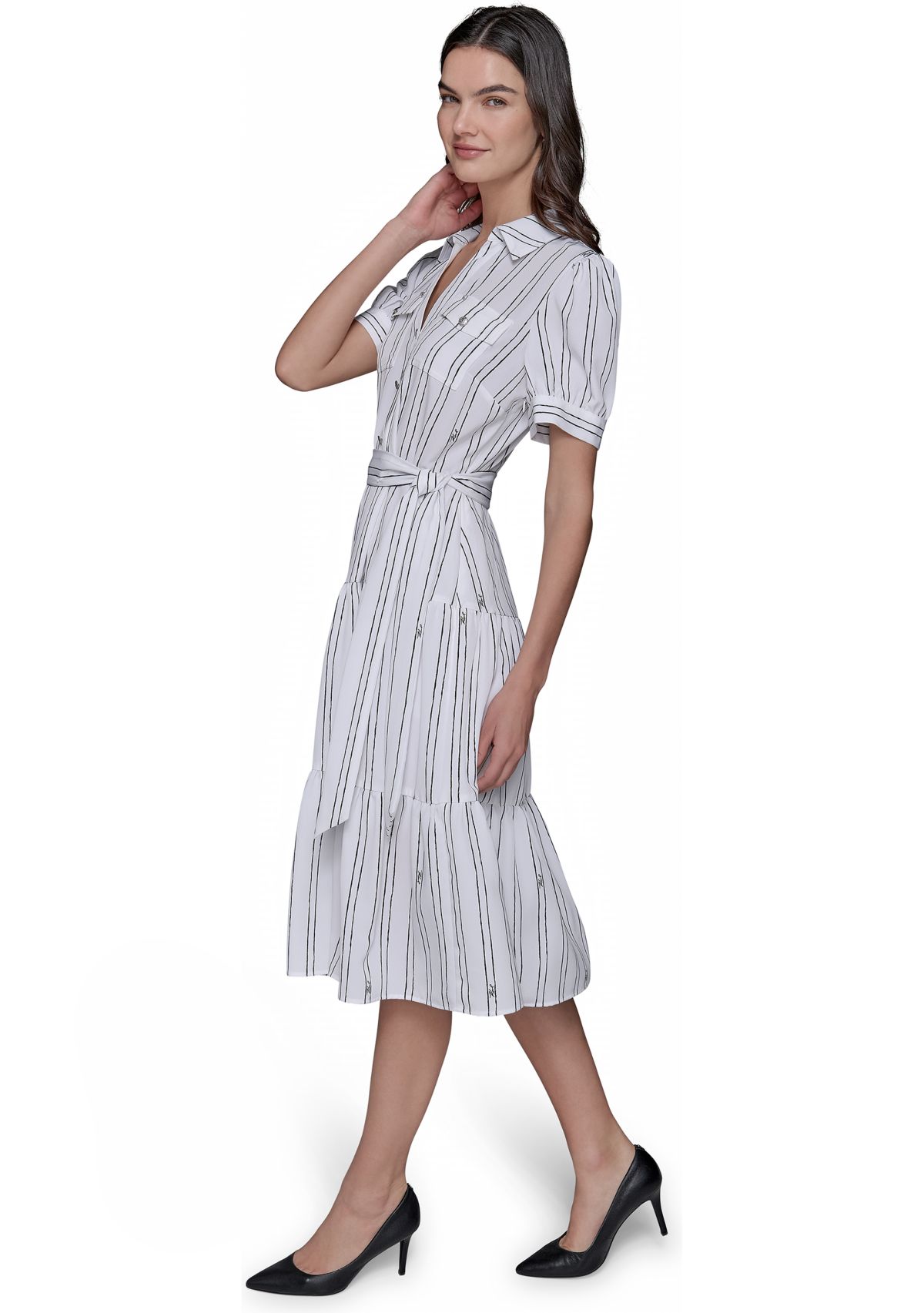 Womens Short Sleeve Stripe Tie Waist Dress