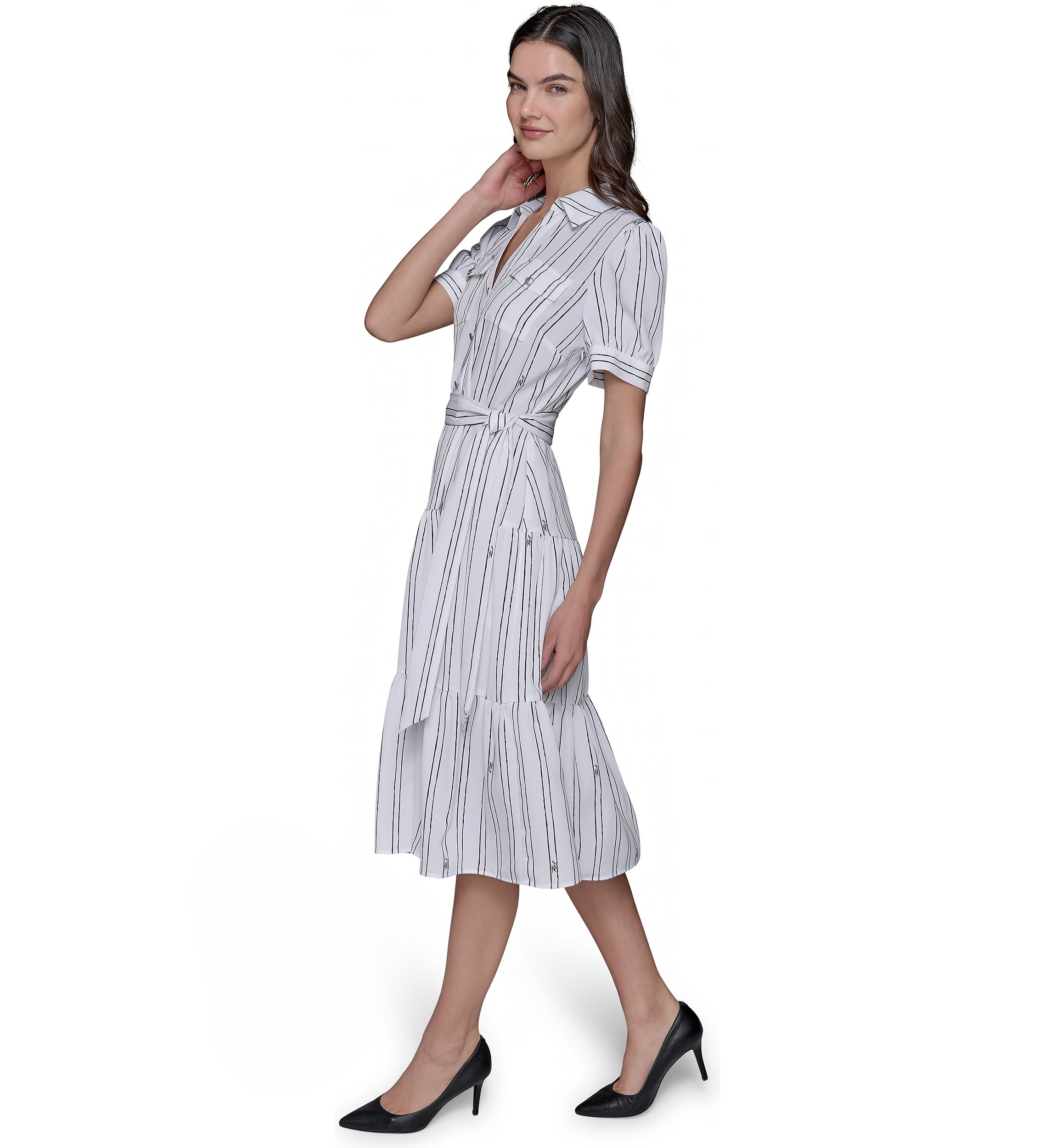 Womens Short Sleeve Stripe Tie Waist Dress
