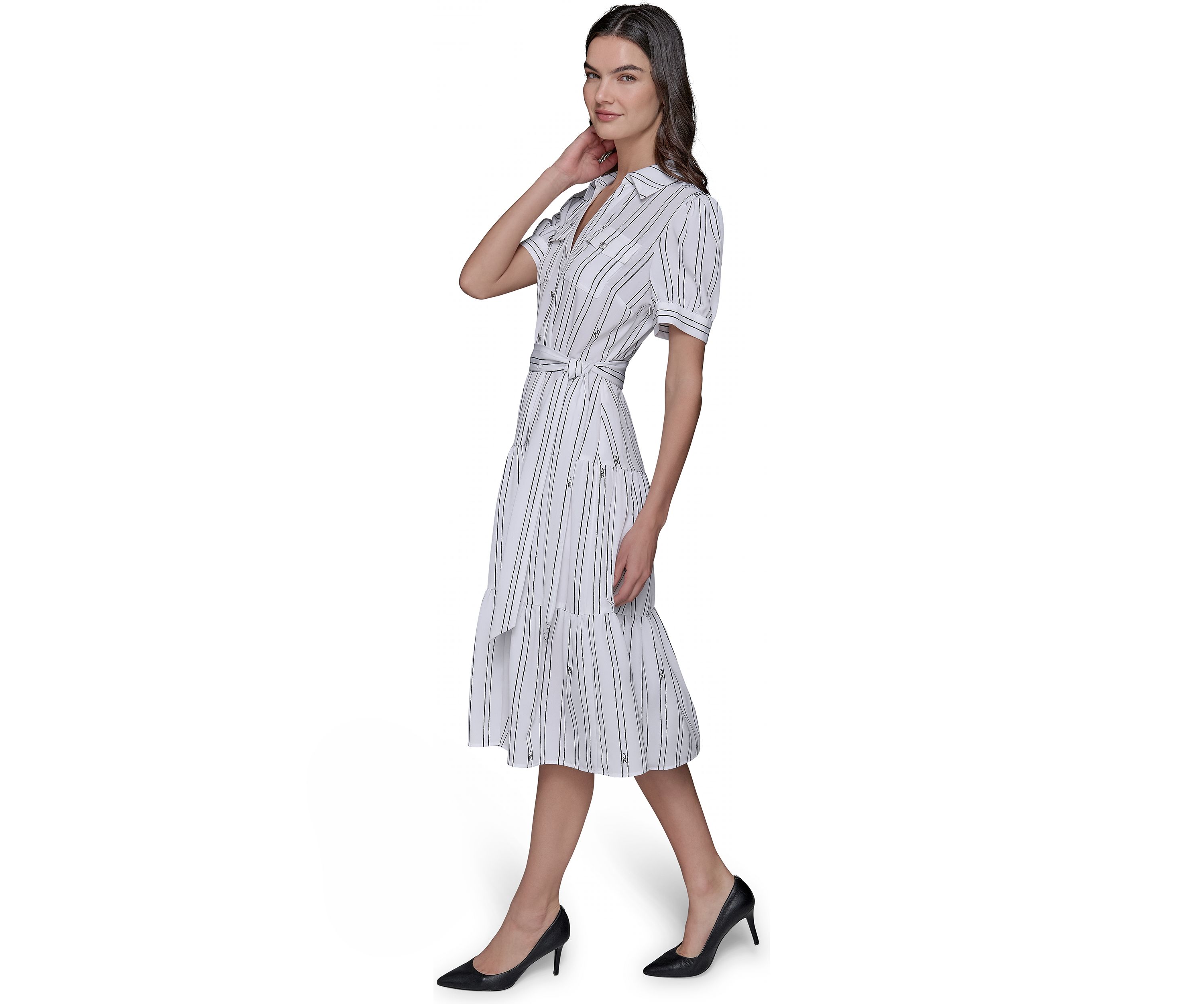 Womens Short Sleeve Stripe Tie Waist Dress