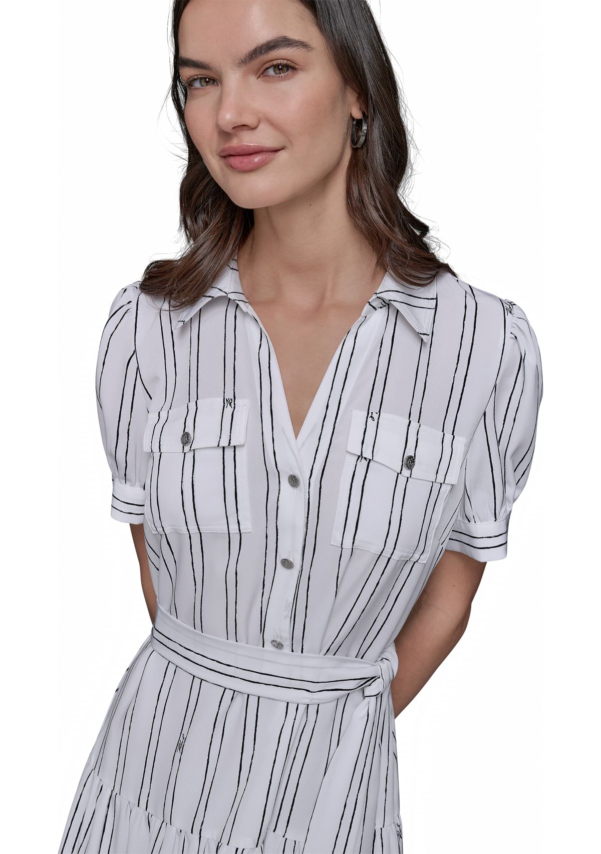 Womens Short Sleeve Stripe Tie Waist Dress