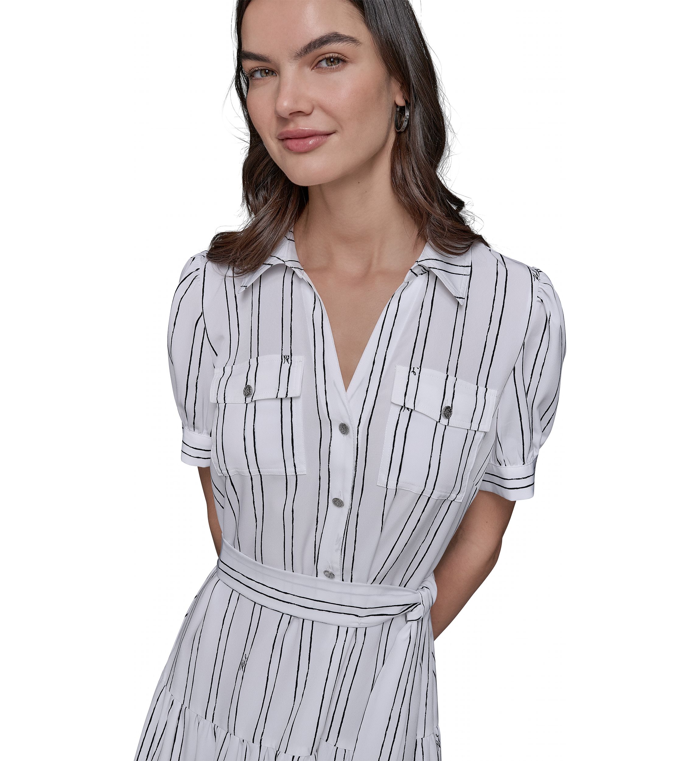 Womens Short Sleeve Stripe Tie Waist Dress