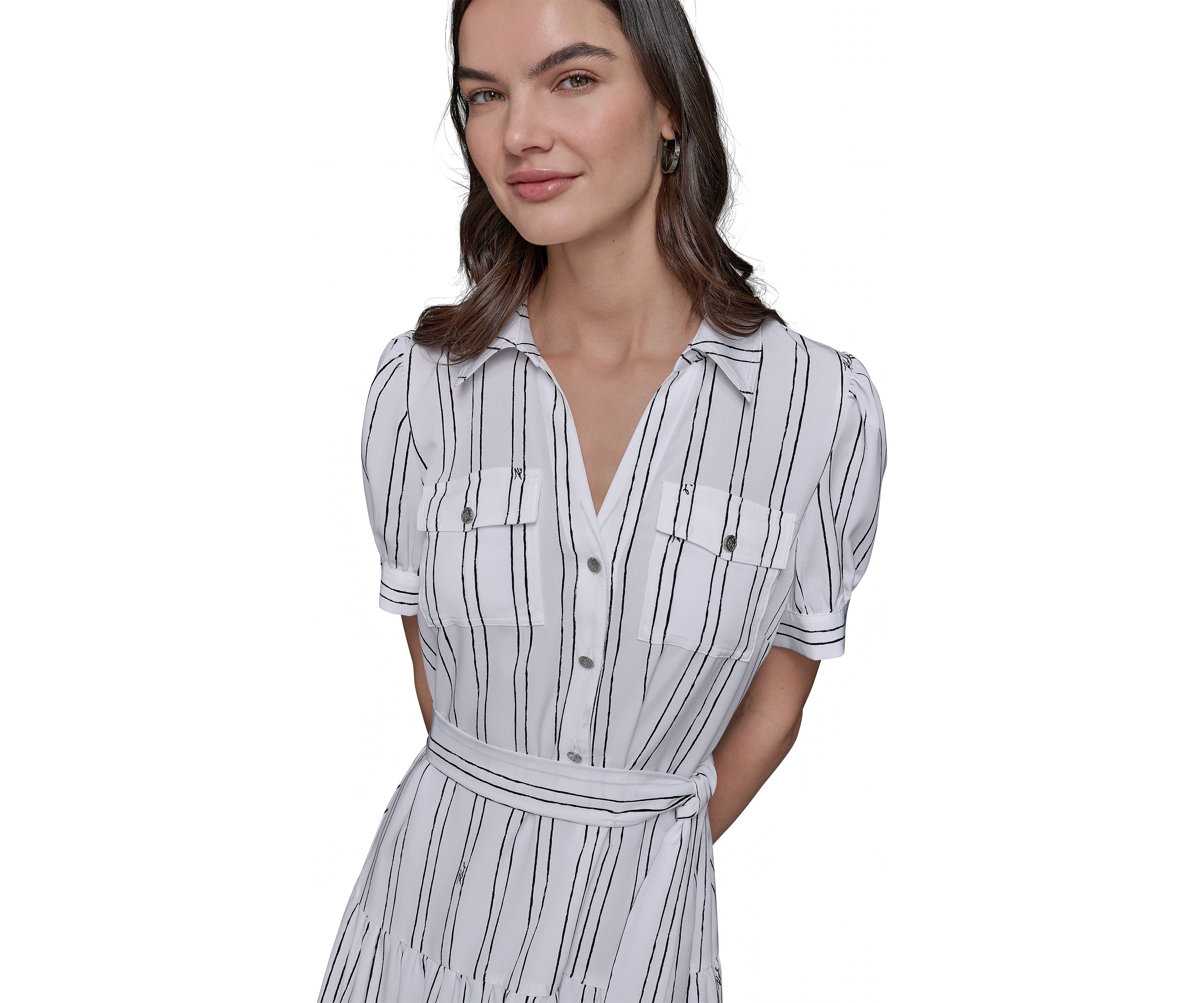 Womens Short Sleeve Stripe Tie Waist Dress
