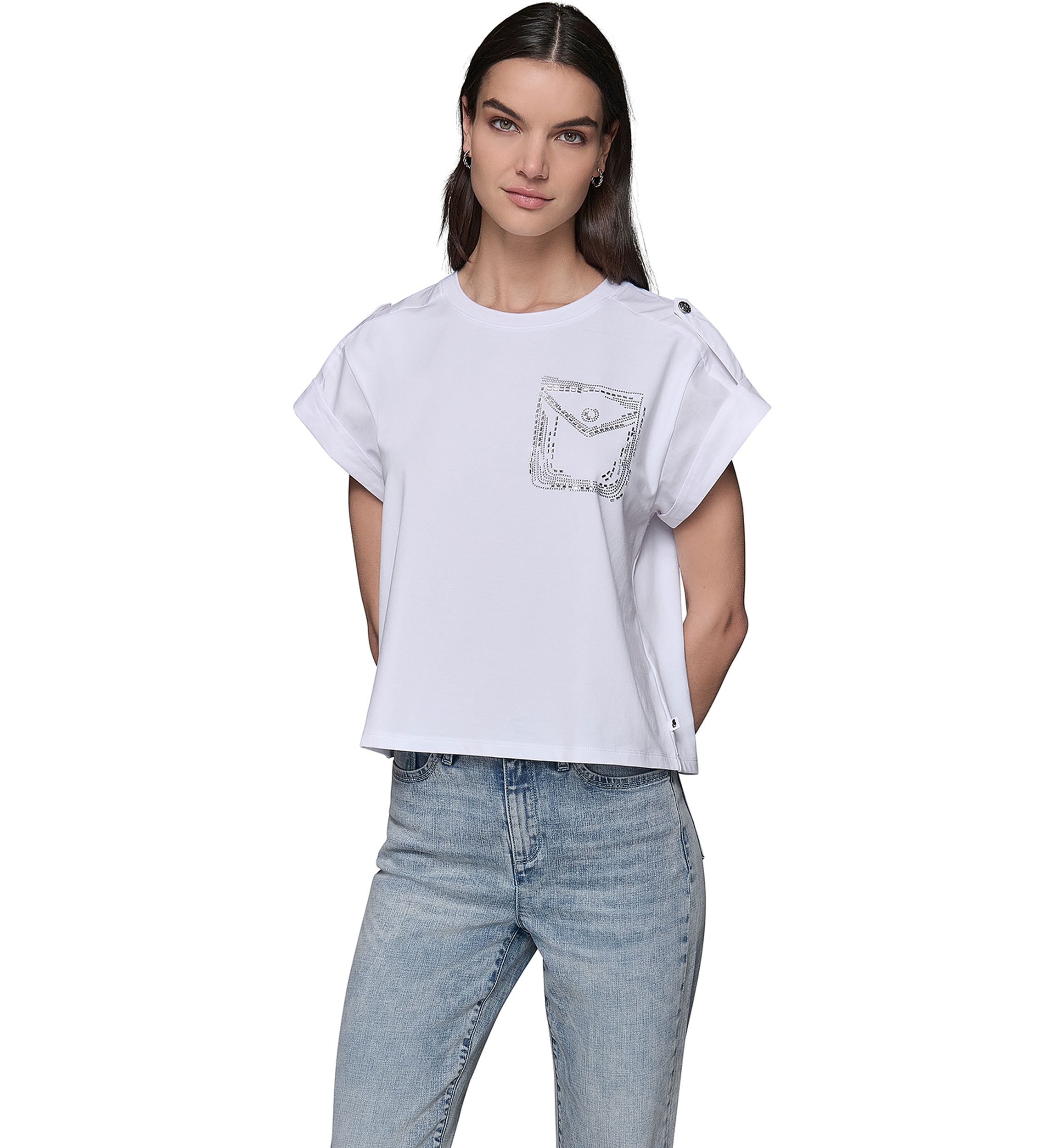 Womens Cap Sleeve Embroidered Pocket Knit T-Shirt