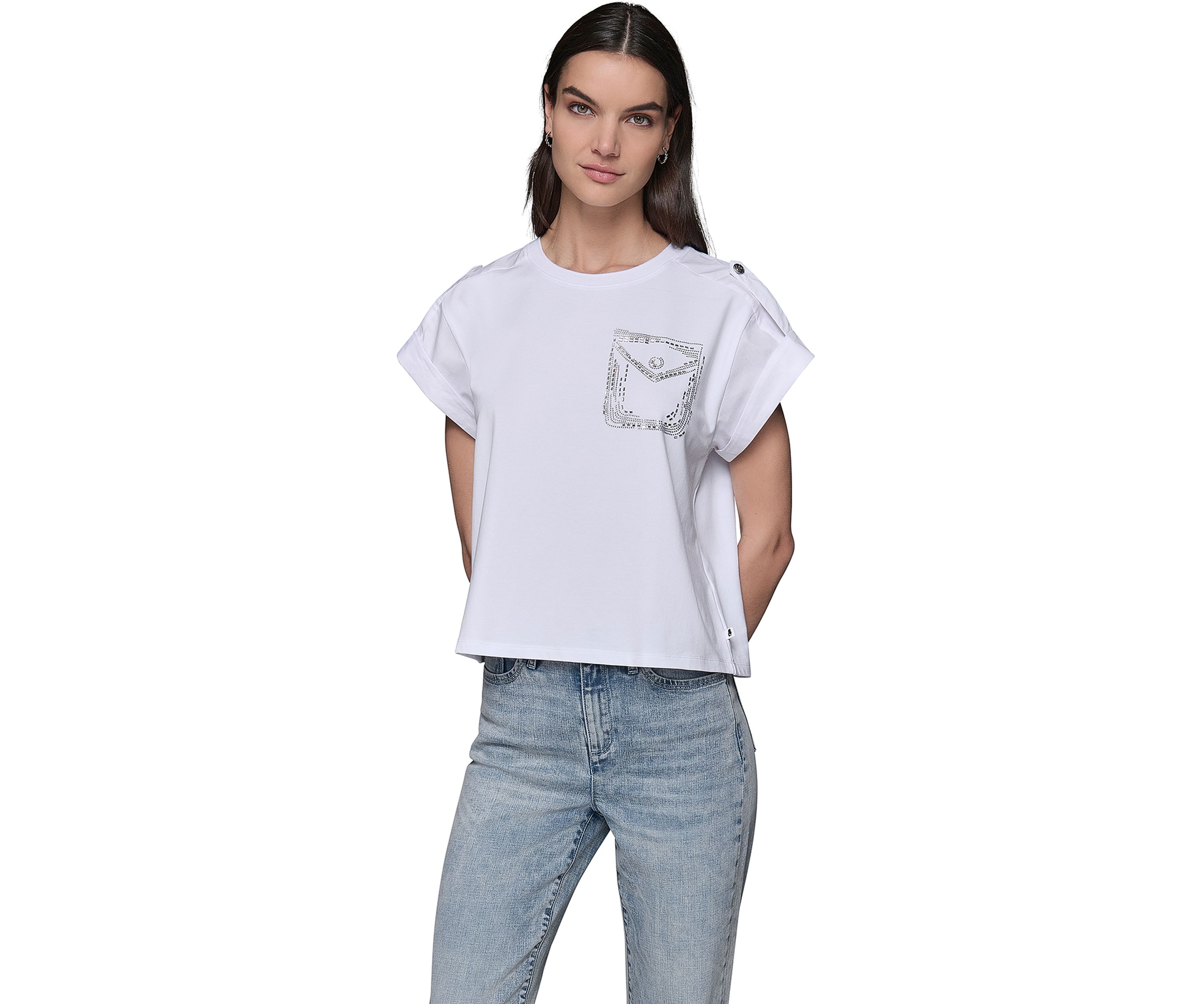 Womens Cap Sleeve Embroidered Pocket Knit T-Shirt
