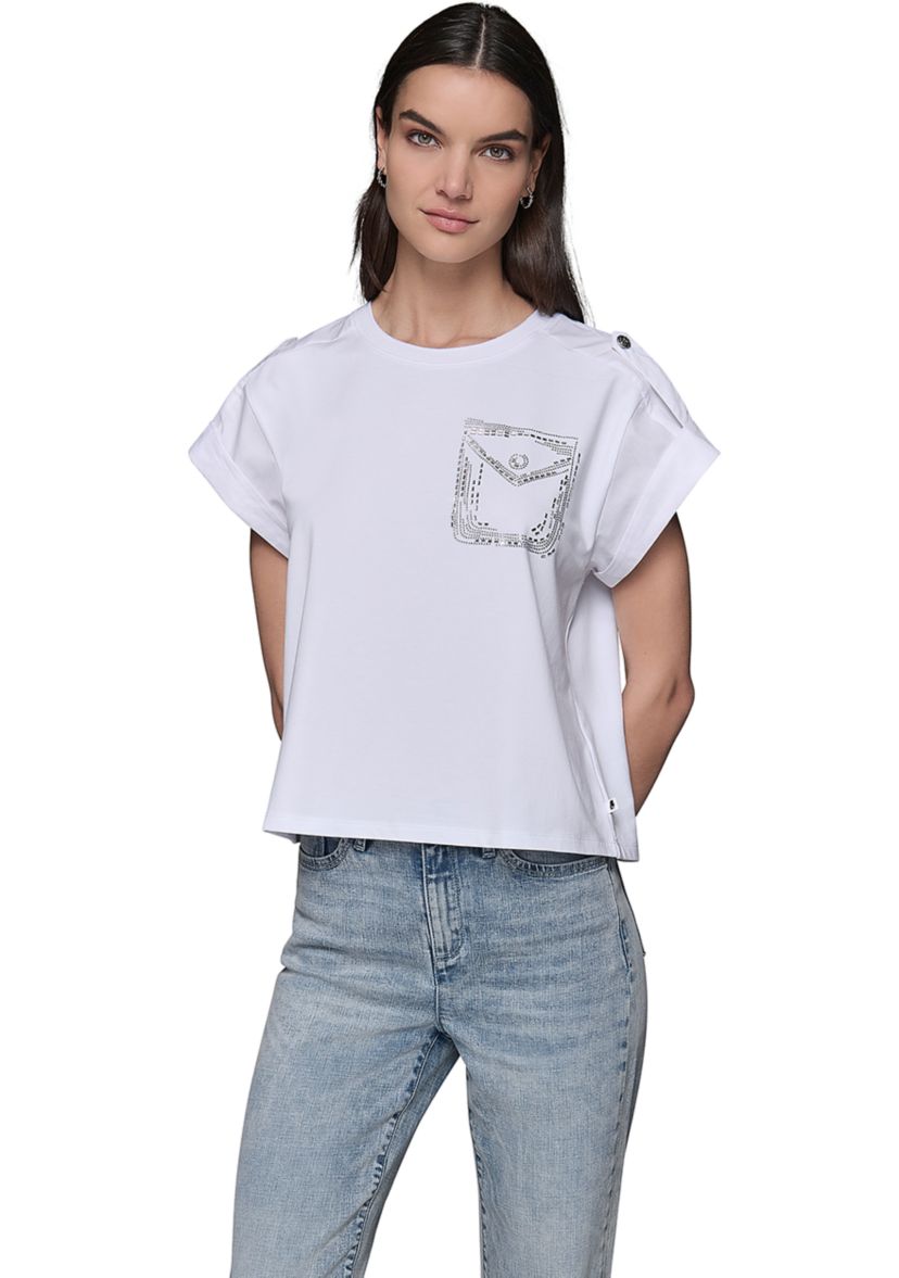 Womens Cap Sleeve Embroidered Pocket Knit T-Shirt