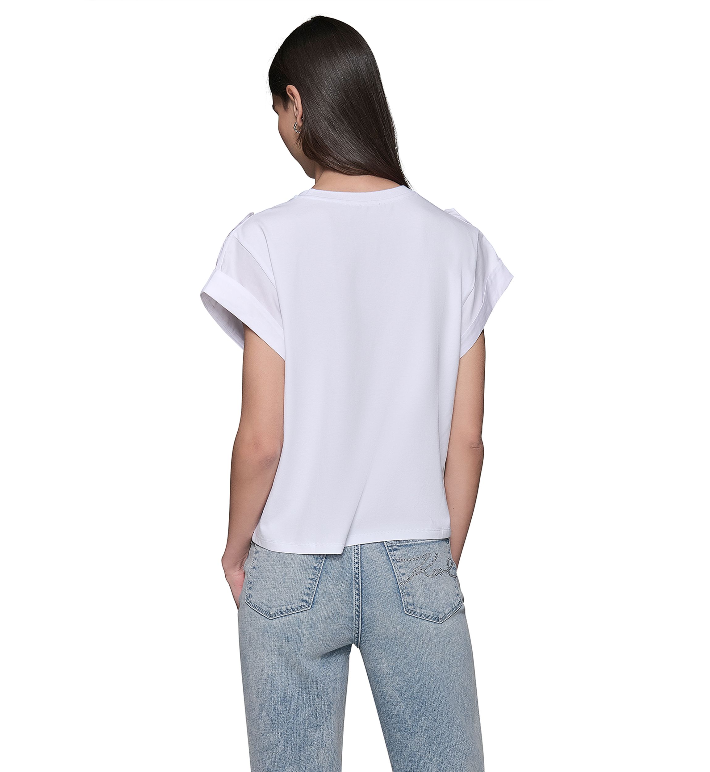 Womens Cap Sleeve Embroidered Pocket Knit T-Shirt