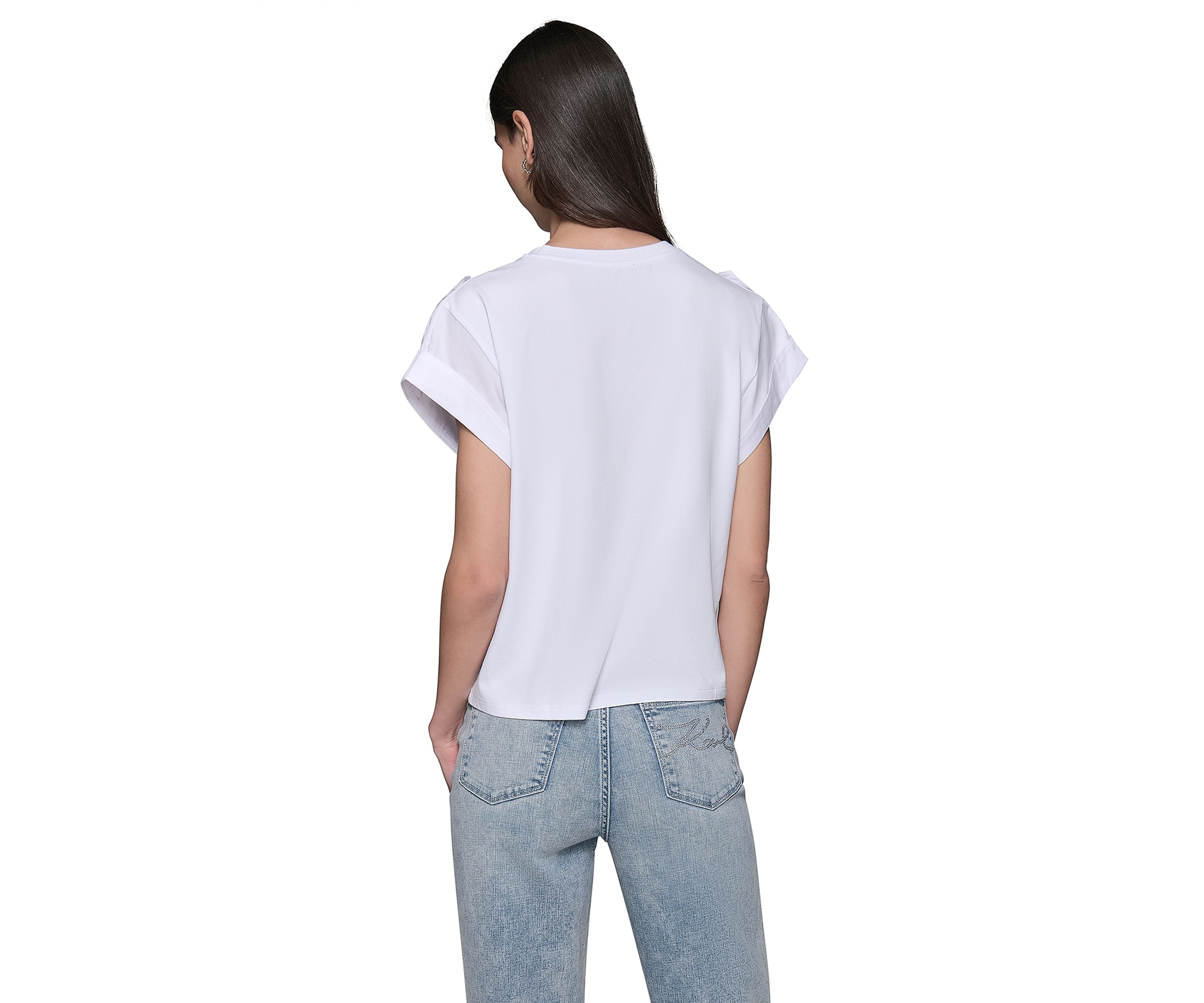 Womens Cap Sleeve Embroidered Pocket Knit T-Shirt