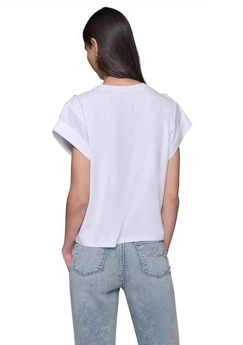 Womens Cap Sleeve Embroidered Pocket Knit T-Shirt