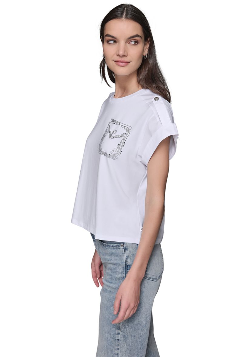 Womens Cap Sleeve Embroidered Pocket Knit T-Shirt