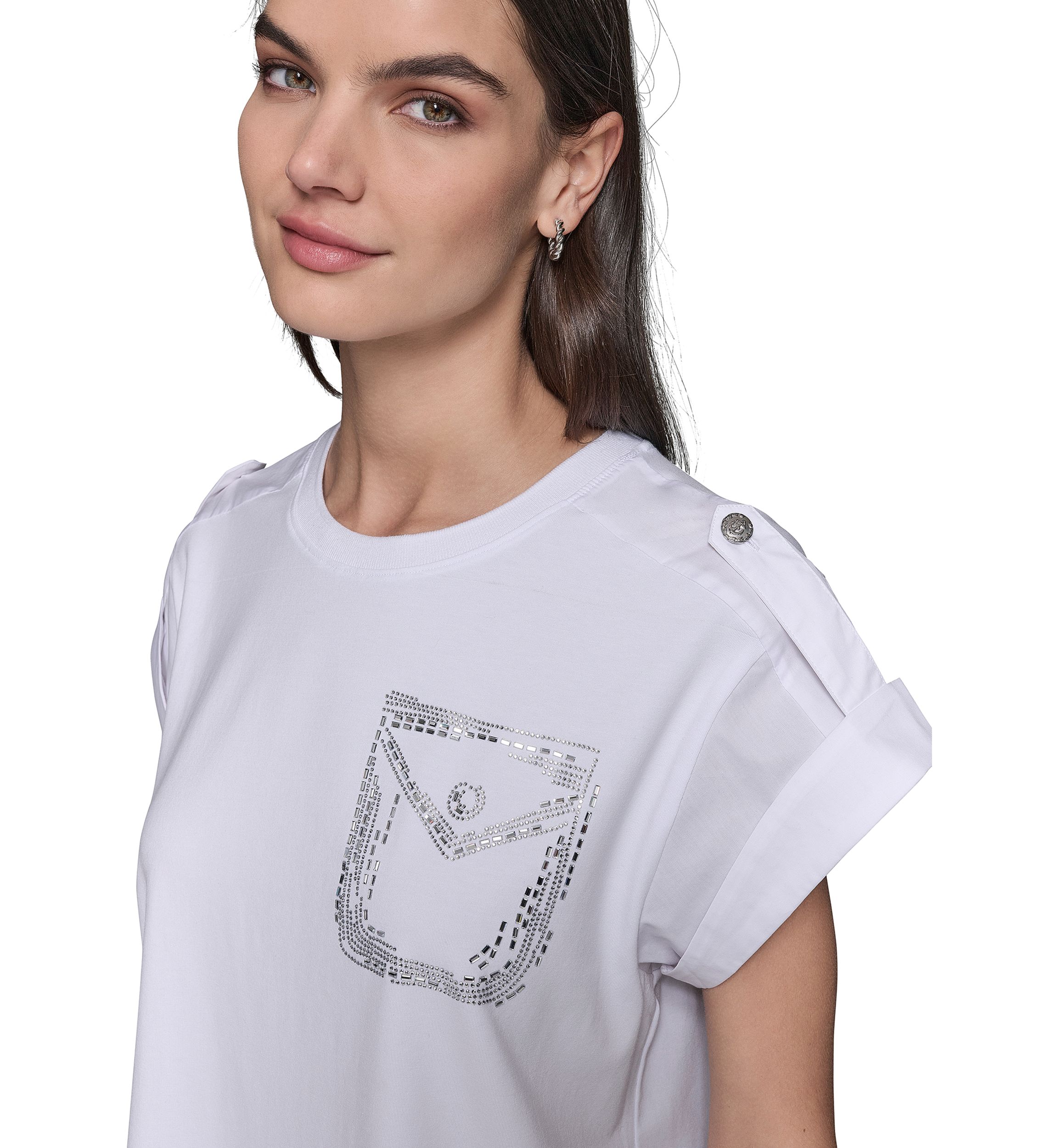 Womens Cap Sleeve Embroidered Pocket Knit T-Shirt