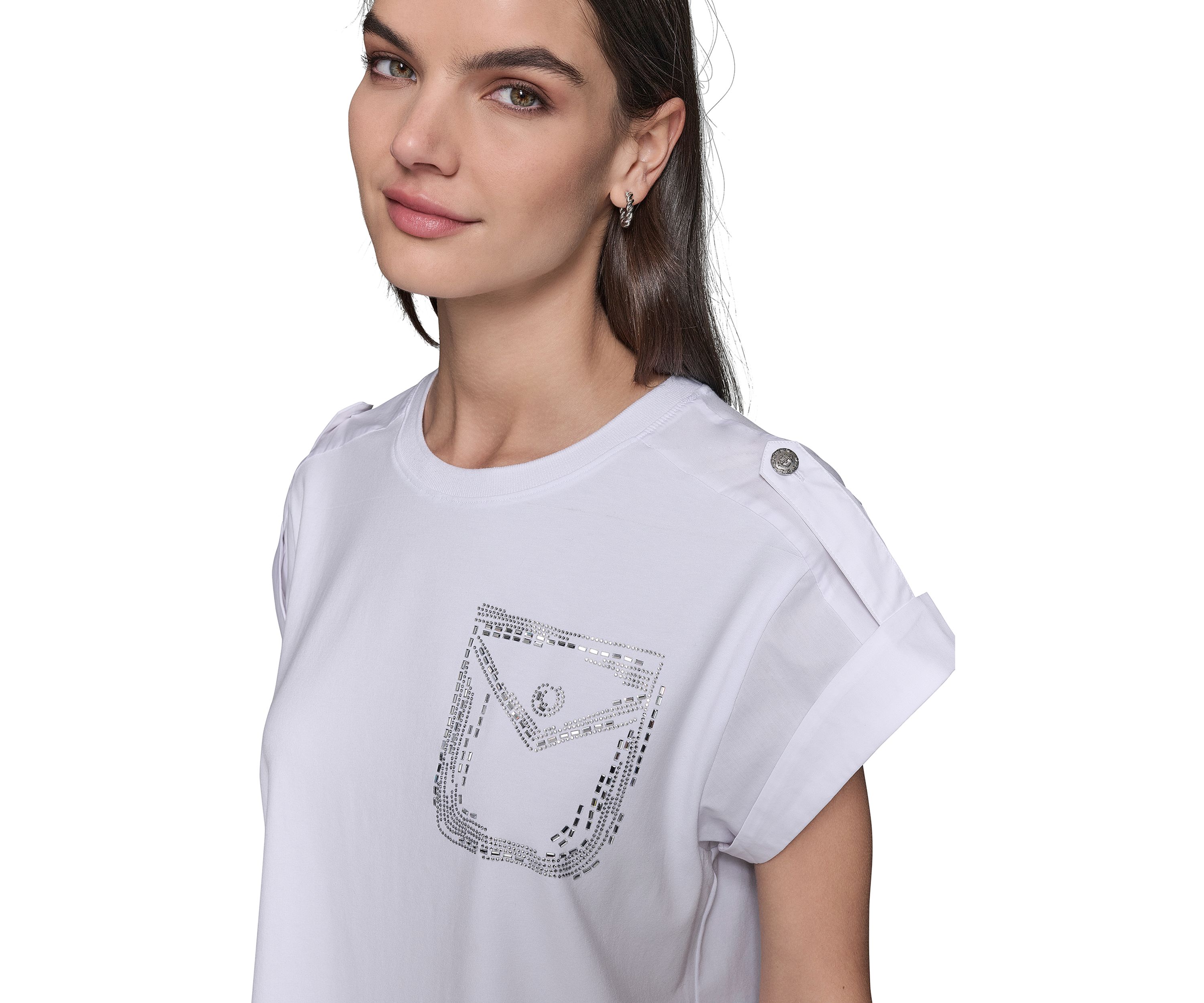 Womens Cap Sleeve Embroidered Pocket Knit T-Shirt