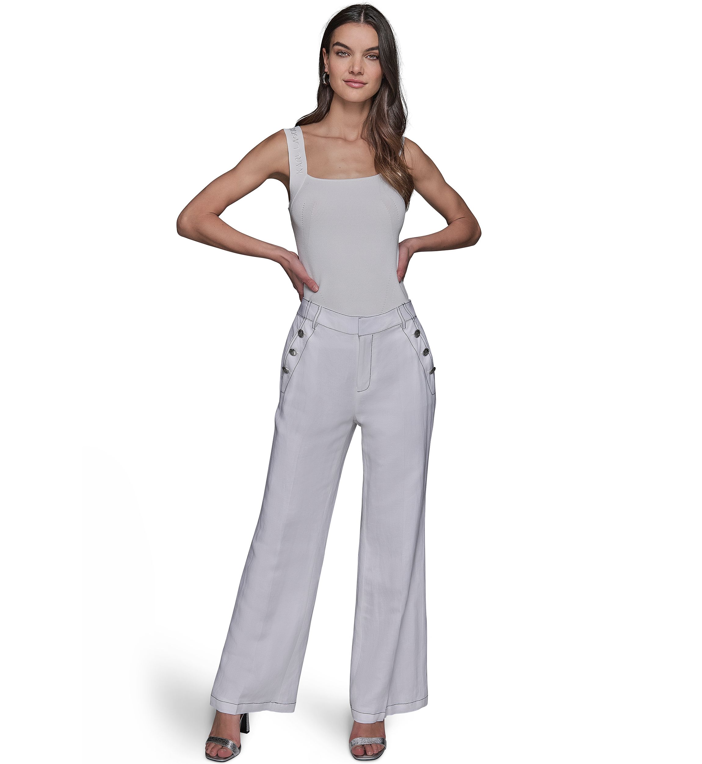 Womens Front Button Wide Leg Pants