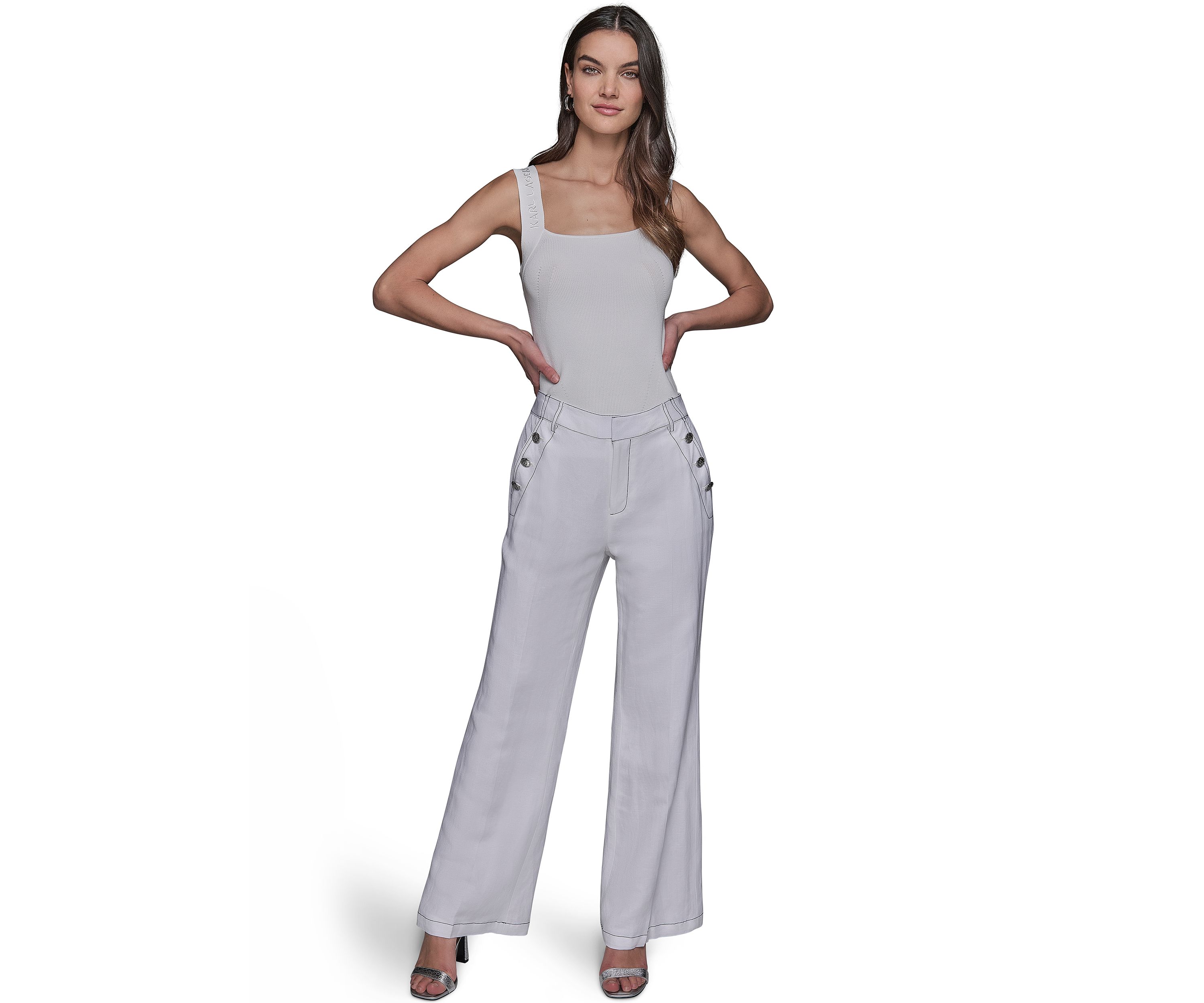 Womens Front Button Wide Leg Pants