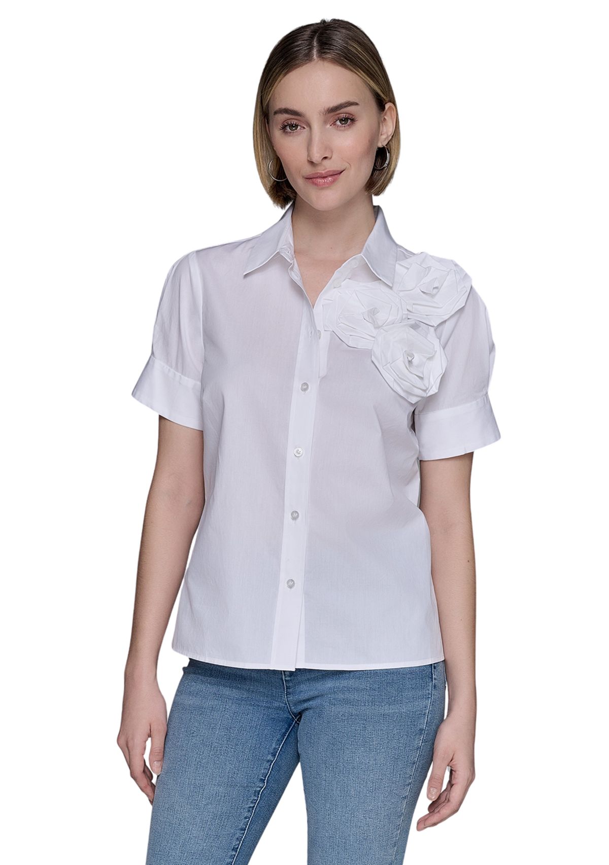 Womens Rose Shoulder Button Down Top