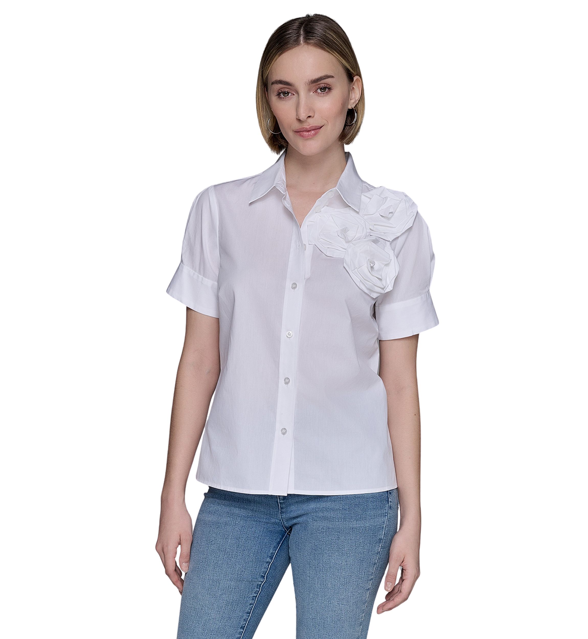 Womens Rose Shoulder Button Down Top