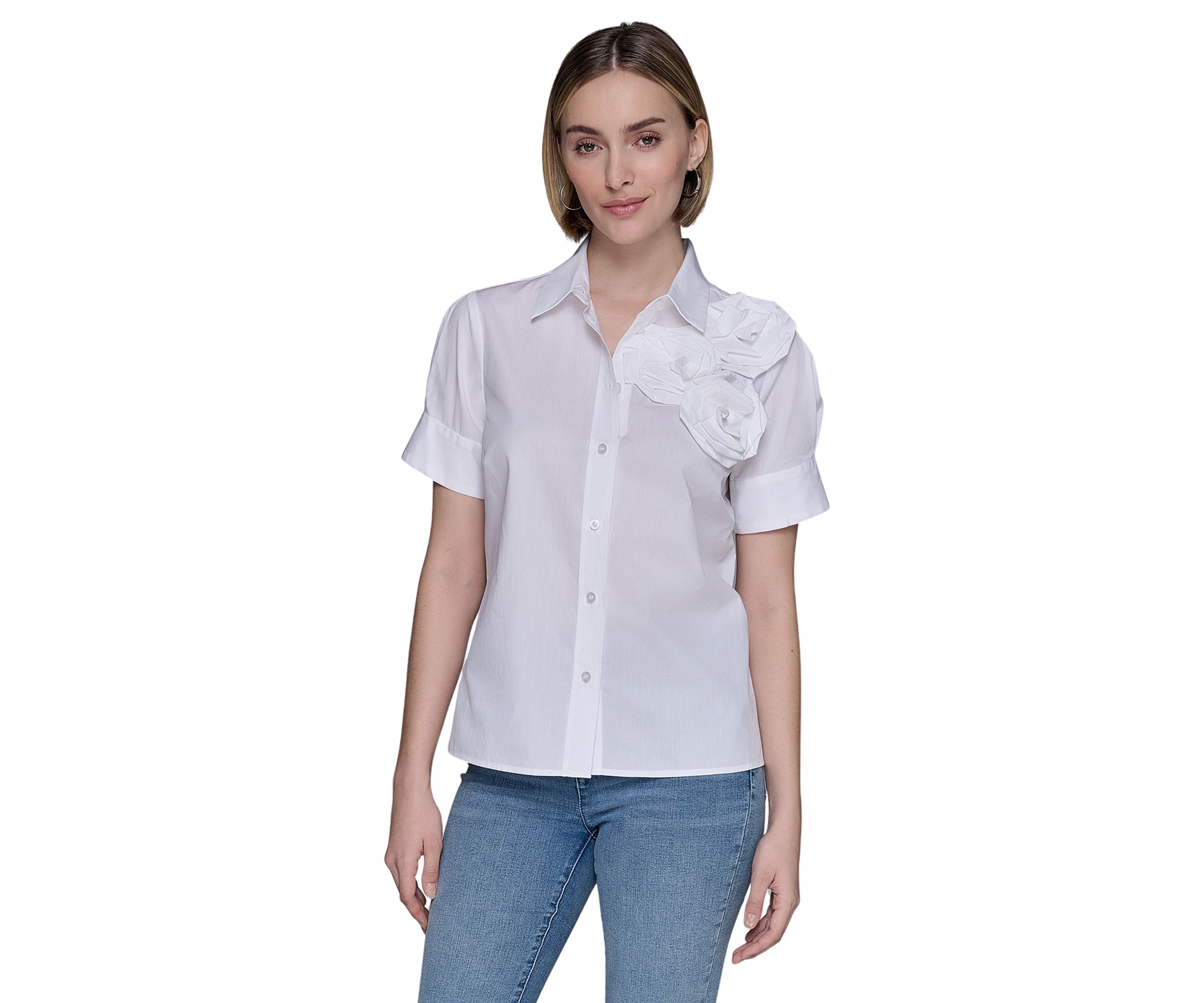 Womens Rose Shoulder Button Down Top