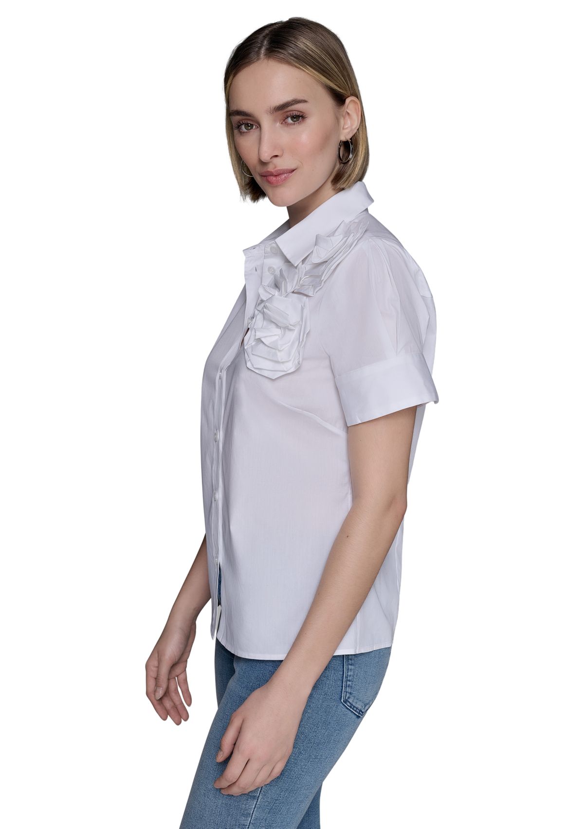 Womens Rose Shoulder Button Down Top