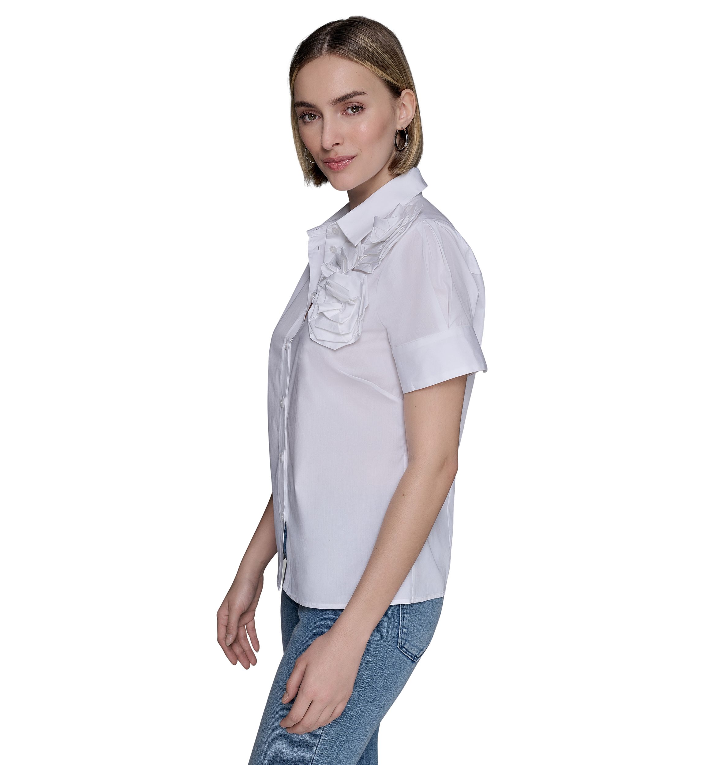 Womens Rose Shoulder Button Down Top