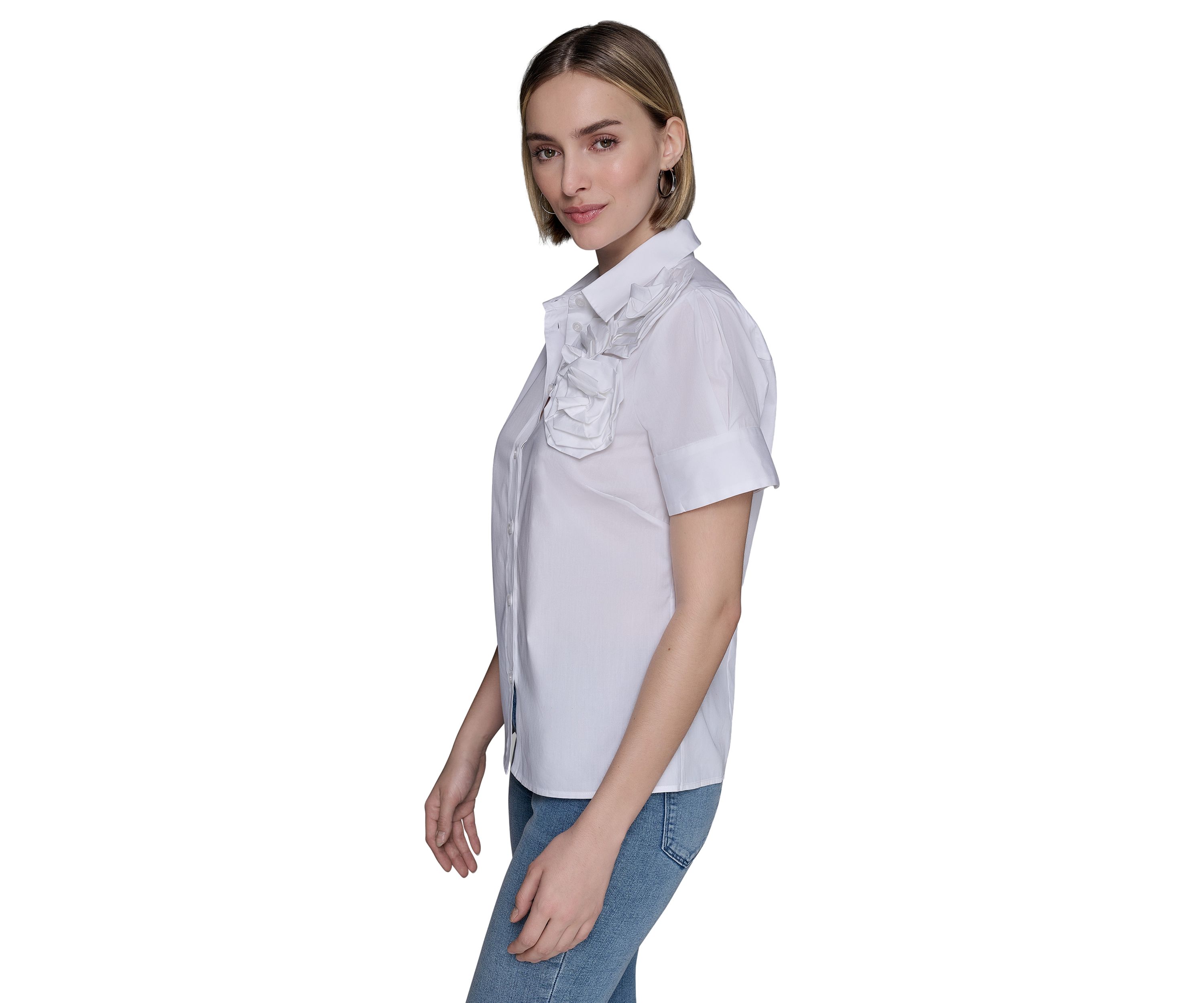 Womens Rose Shoulder Button Down Top