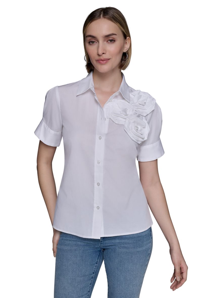 Womens Rose Shoulder Button Down Top
