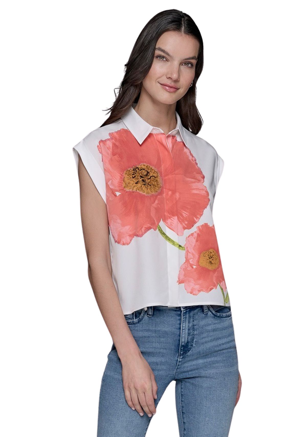 Womens Floral Beaded Camp Shirt