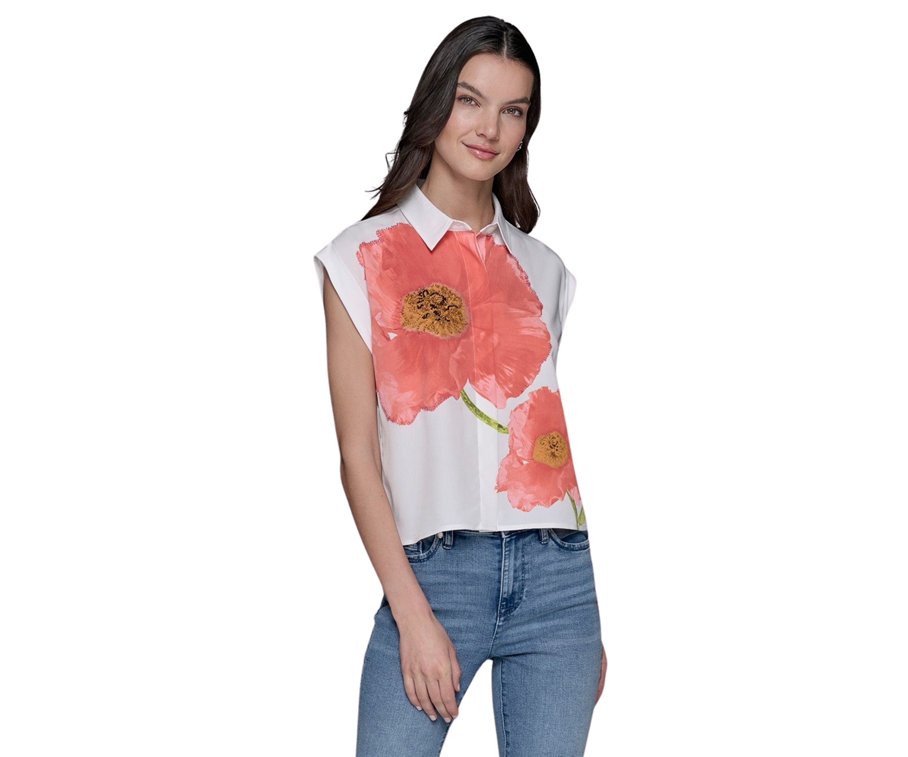 Womens Floral Beaded Camp Shirt