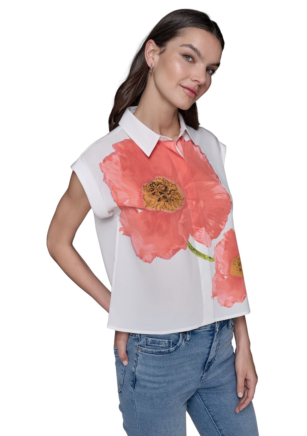 Womens Floral Beaded Camp Shirt