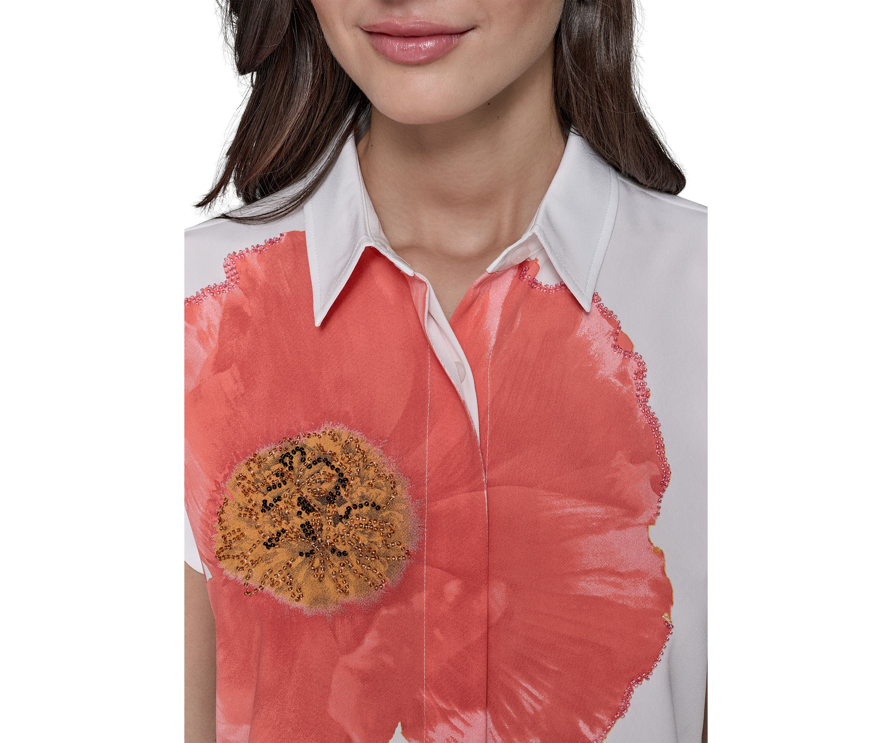Womens Floral Beaded Camp Shirt